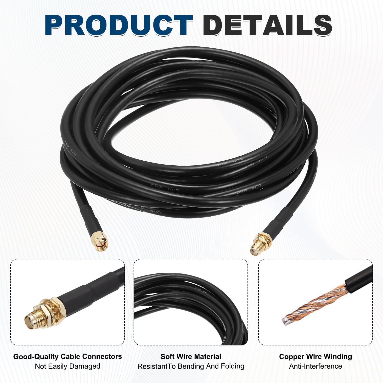 sourcing map KMR/LMR240 Koaxial-Verlängerungskabel, 50 Ohm, 4,5 m, SMA-Stecker auf SMA-Buchse, RF-Koaxialkabel, Antennenkabel, Verlängerung mit Stecker für 3G, 4G, 5G, LTE, Ham, WLAN, GPS, RF-Radio