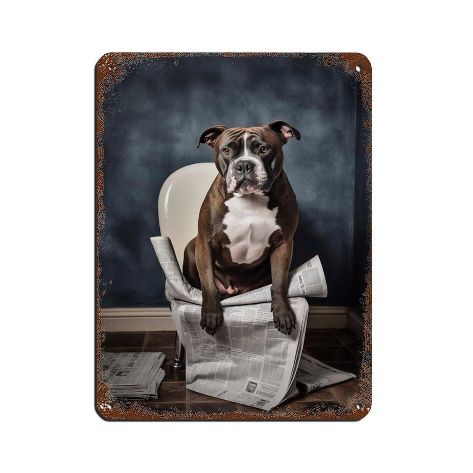 Staffordshire Bull Terrier on Toilet Reading The Tin Sign Vintage Metal Pub Club Cafe Bar Home Wall Art Decoration Poster Retro 12x16inch(30x40cm)