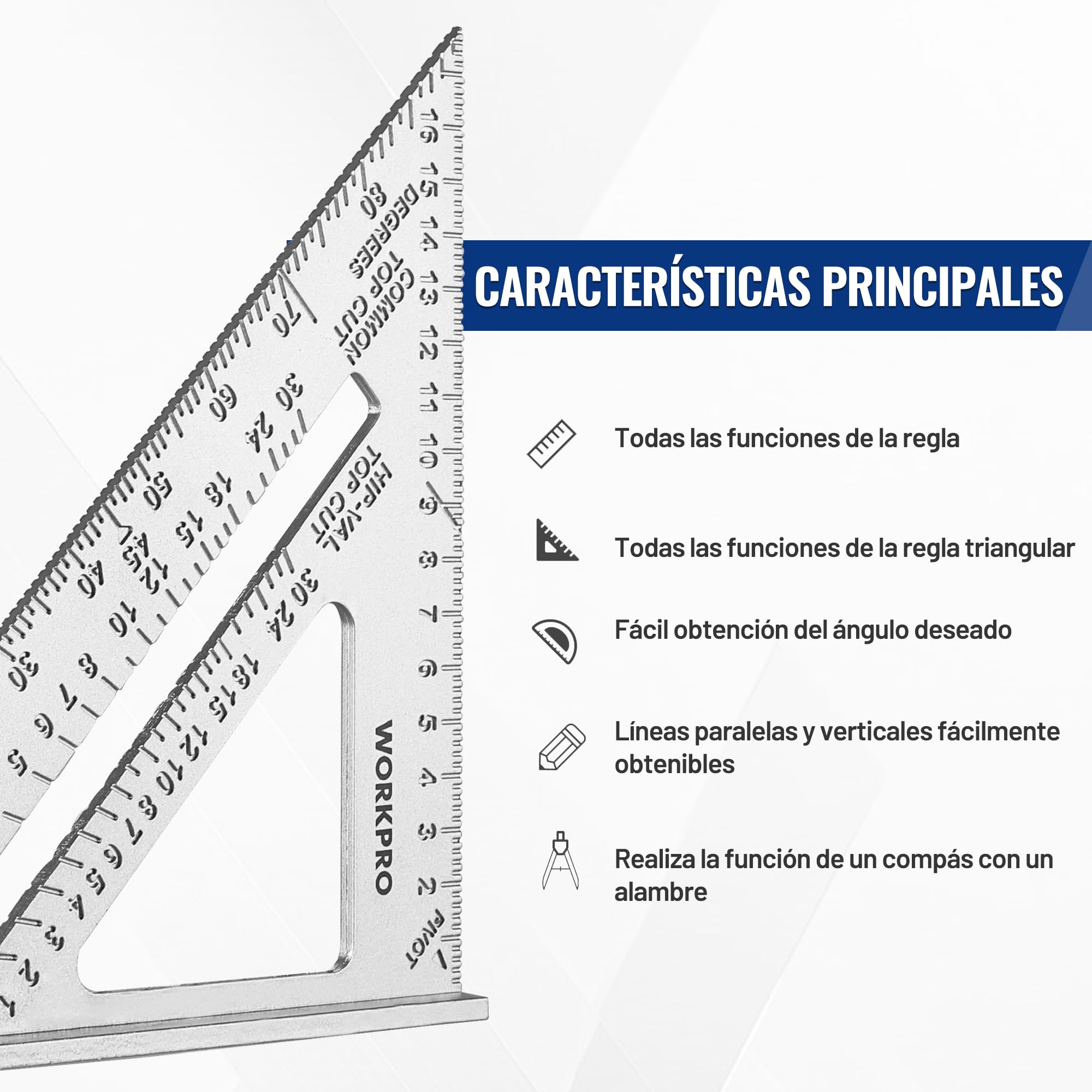 WORKPRO Escuadra de Carpintería 180mm, Regla de Triángulo, Herramienta de Medición para Carpintero, Escuadras para Carpintería Métrica, Cuadrado de Carpintero de Aleación de Aluminio