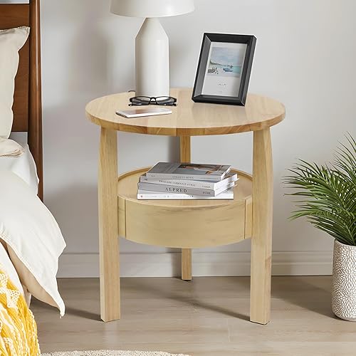 Miniatura 8 de Mesa auxiliar redonda con almacenamiento y cajón oculto, mesa auxiliar de madera natural de 20 pulgadas de profundidad x 20 pulgadas de alto con