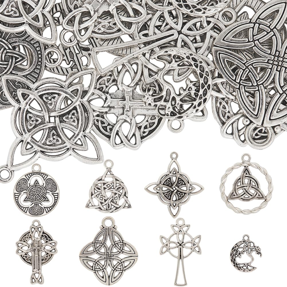 SUNNYCLUE 1 Box 48Pcs 8 Styles celtics Knot Charms Bulk Trinity Knot Charm Large Alloy Chinese Tibetan Silver Antique Style Connector Charm for Jewellery Making Charms DIY Craft Necklace Bracelet Ear