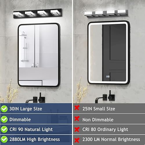 Miniatura 7 de IZORRO Moderna lámpara LED de baño sobre espejo (4 luces, 30 pulgadas, regulable) negro mate con cabezal giratorio de 360 (blanco frío, 6000 K)