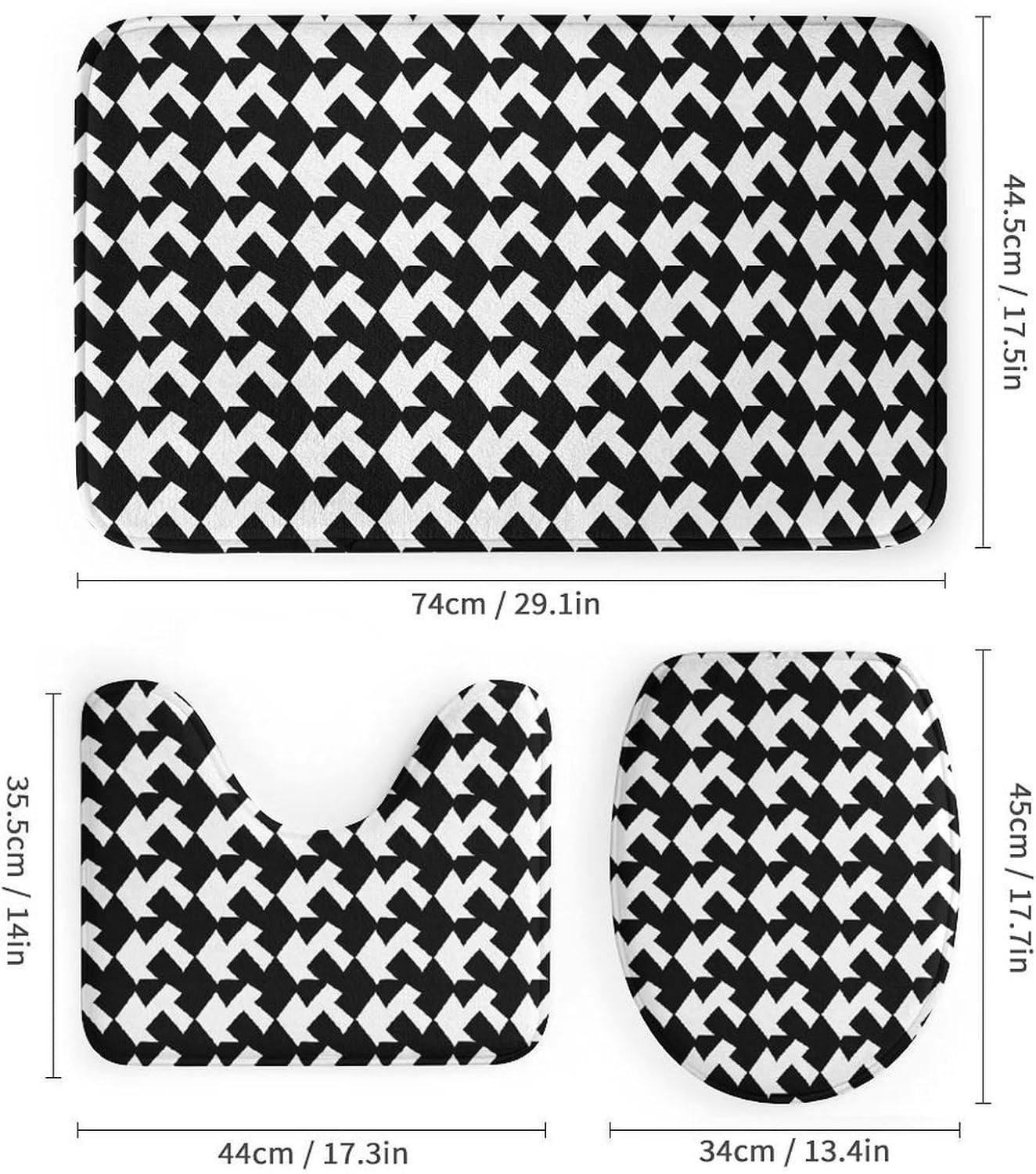 Houndstooth Black Shower Curtain Set 4 Piece, Non-Slip Bath Mat with Toilet Lid Cover and Waterproof Shower Curtain with 12 Hooks, Complete Bathroom Set for Home Decor