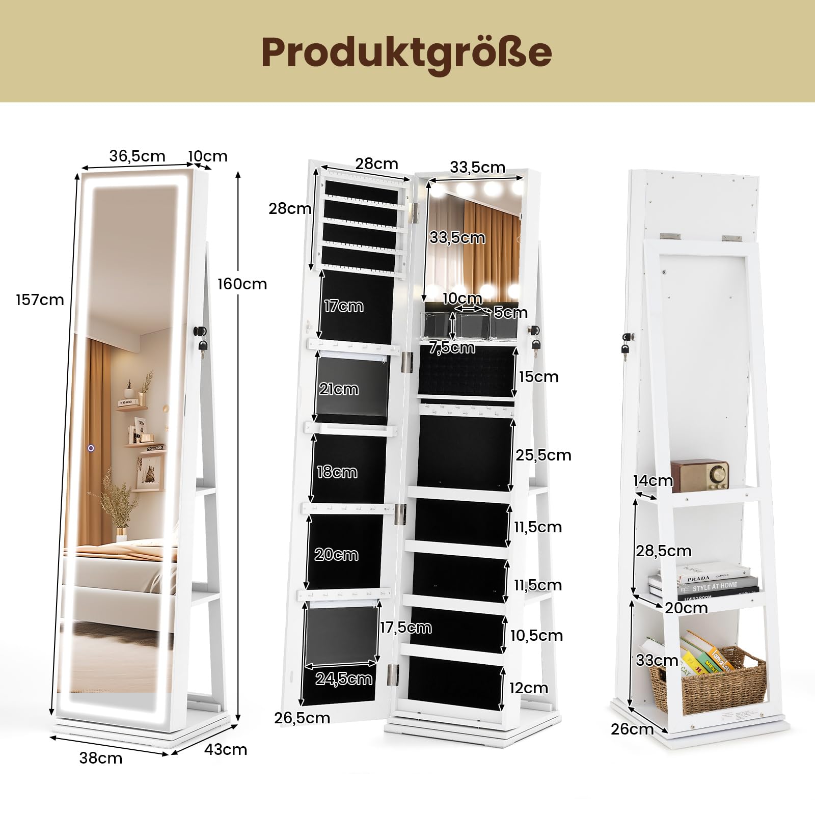 COSTWAY szafka na biżuterię obrotowa o 360° z pełnym lustrem LED, szafka z lustrem zamykana z lustrem do makijażu, stojąca organizerka na biżuterię do łańcuchów, kolczyków, kosmetyków (Biały)