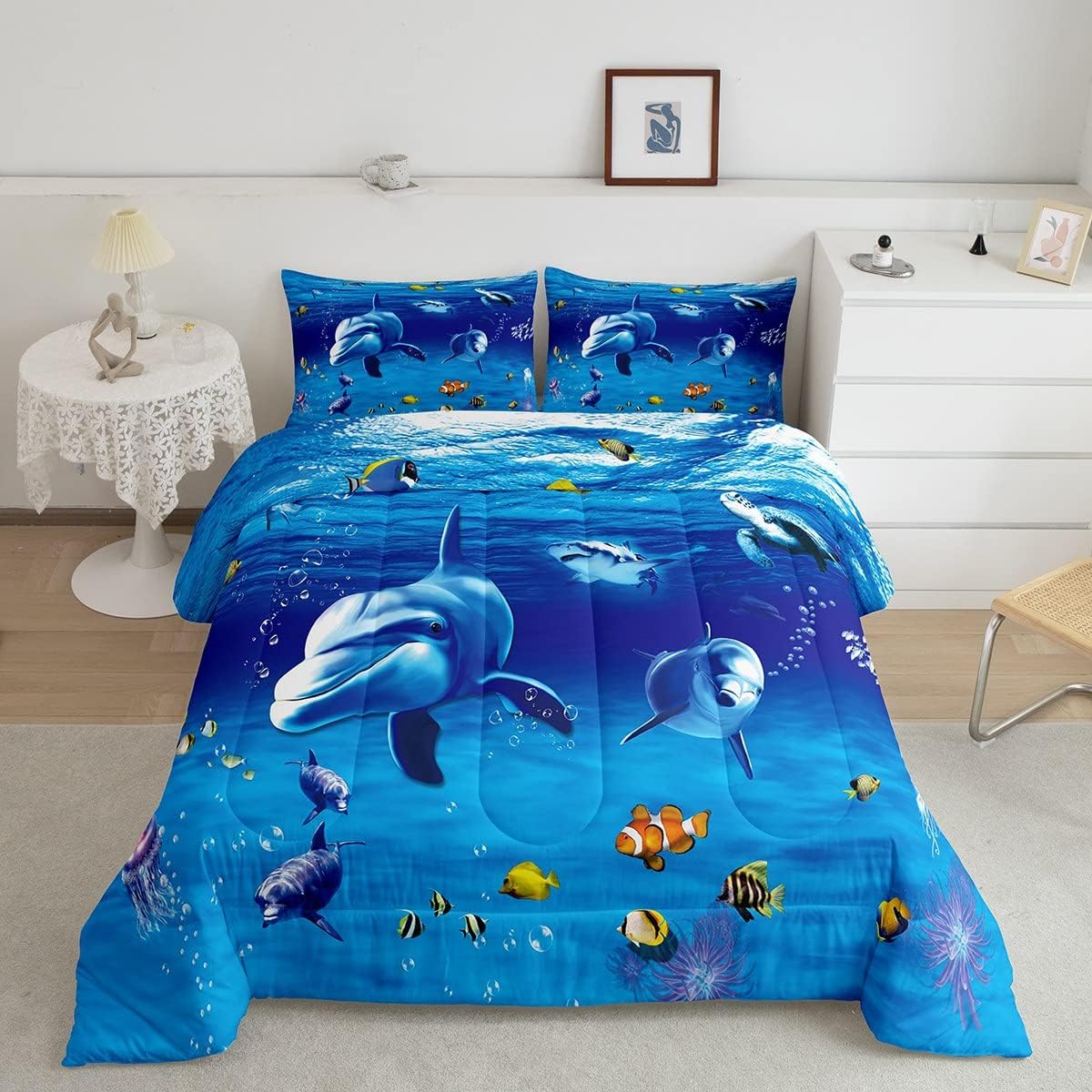Feelyou Dolphin Bedding Set Kids Blue Ocean Marine Themed Sea Creatures Comforter
