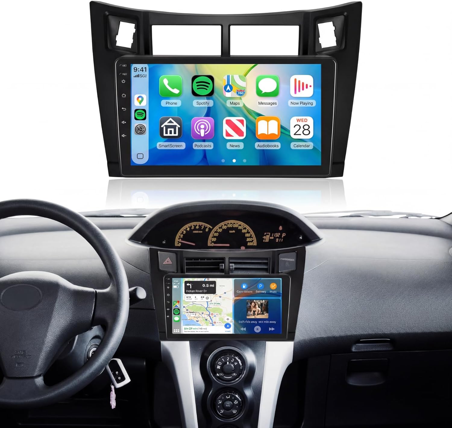 4G+64G Car Radio Stereo for Toyota Yaris 2006-2011, 9inch IPS Touch Screen/Android 15/Wireless CarPlay/Android Auto/DSP 32 EQ/GPS/5Ghz WiFi/5.0Bluetooth/FM/RDS/SWC/AHD Backup Camera