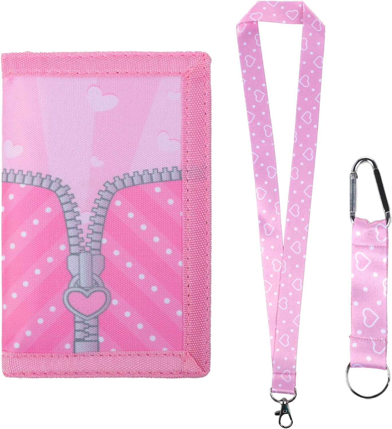 Kids Trifold Wallet with Anti-Lost Lanyard Girls Sweet Pink Heart Pattern Canvas Wallet with Zipper Coin Pocket Card Holder Purse for Women Girls Teens Daily Outdoor Casual Travel Birthday Gift