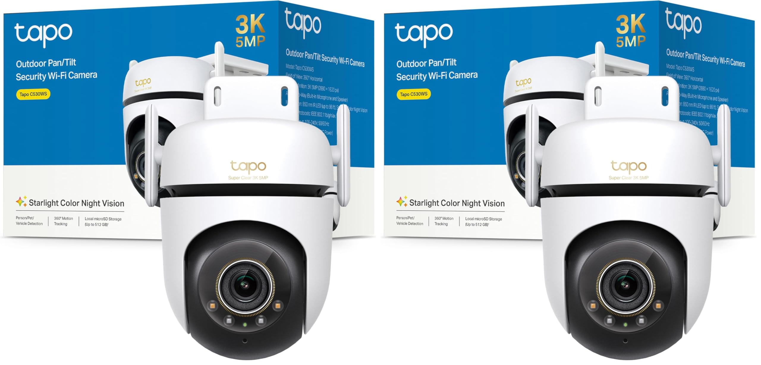 Tapo C530WS - Cámara Seguridad Exterior 360° 3K 5MP, Visión Nocturna Color, Resistencia IP66, Alarma Sonora/Luz, Detección AI, Almacenamiento Nube/SD 512GB, Audio Bidireccional (Paquete de 2)