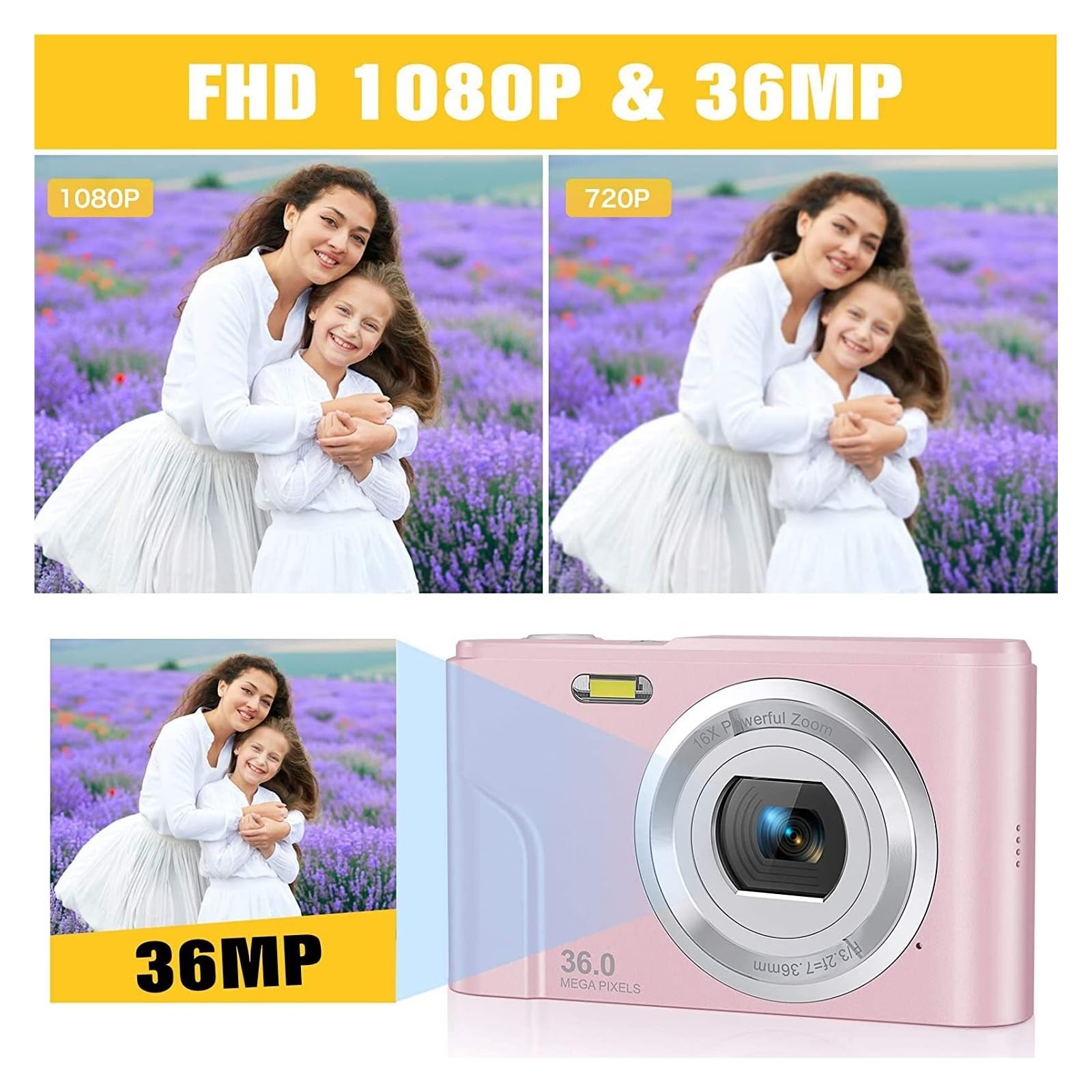 Fotocamera digitale Vlogging Zoom Schermo LCD Mini fotocamere portatili compatte for studenti, adolescenti Cattura Facilmente Momenti Meravigliosi(Pink)