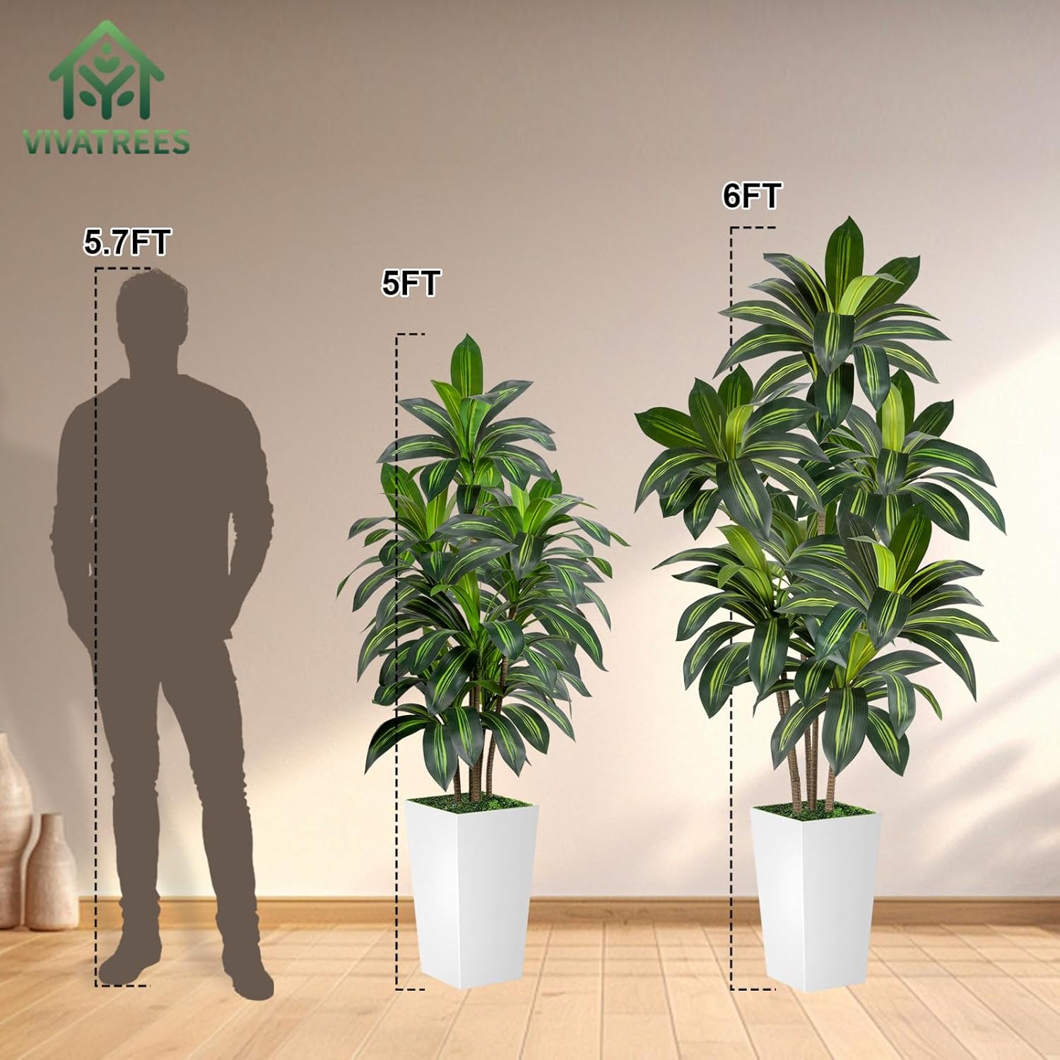 Dracaena Tree 6FT Artificial, 72in Tall Faux Dracaena Tree with 15.7 White Planter, Fake Potted Tree for Indoor & Outdoor Home Office Decor