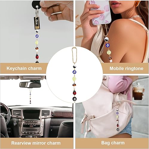 Miniatura 6 de Dije de ojo malvado para automóvil y cuentas, dije de buena suerte para automóvil con cuentas de Yin y Yang, ojo malvado, trébol, seta, mariquita, 8