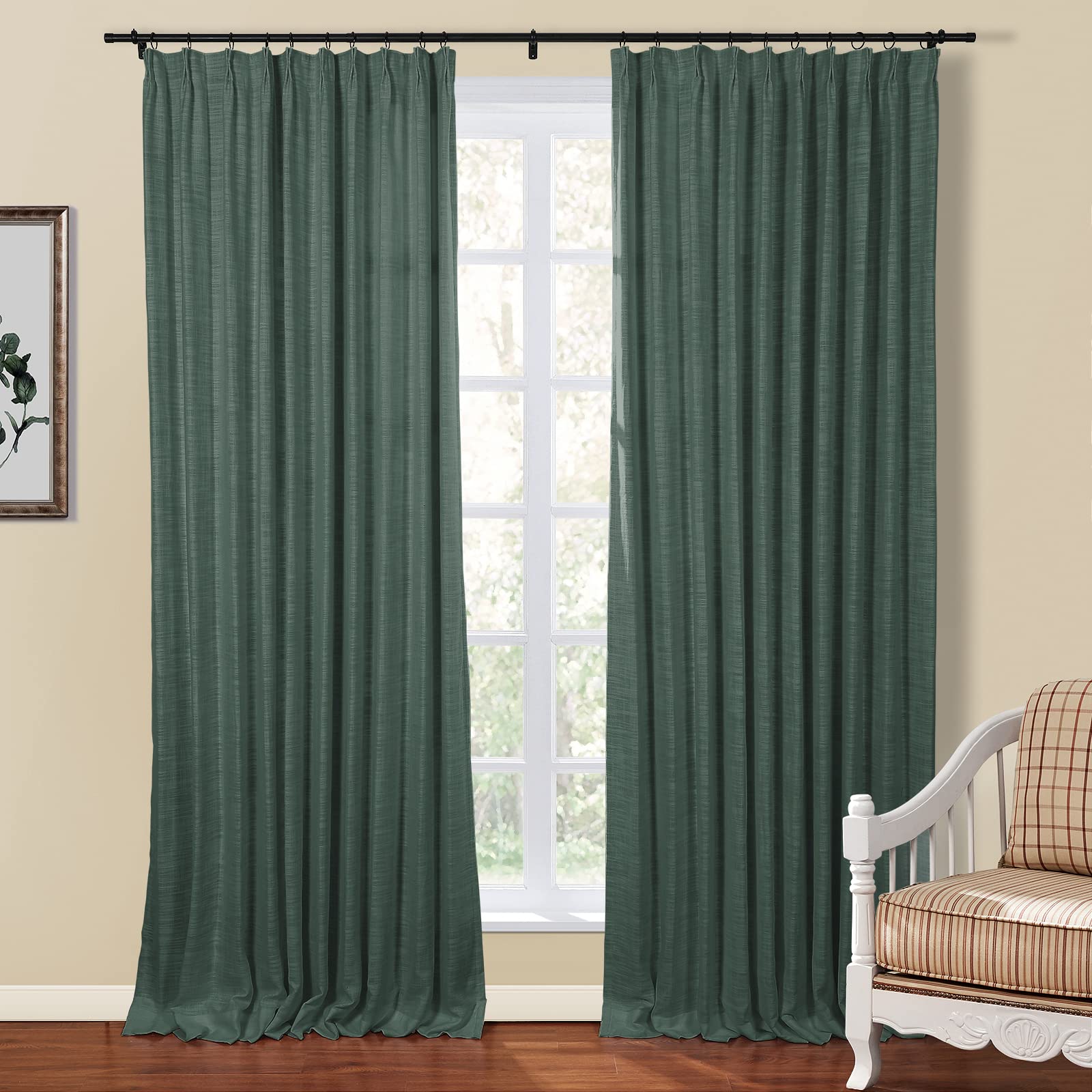 TWOPAGES Hunter Green Pinch Pleat Curtain for Living Room 102 Inch Length, Double Layer Room Darkening Linen Look Window Curtain Panel, Privacy Drape