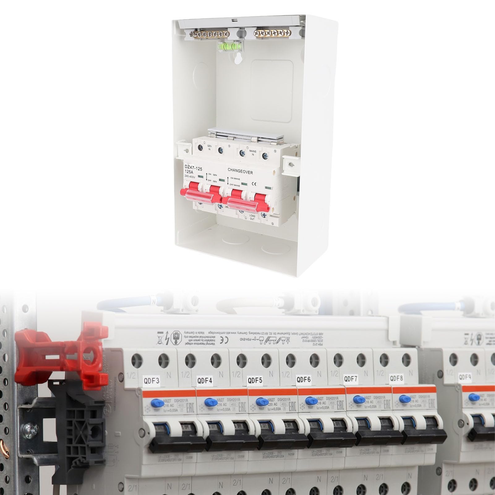 Fafeicy Ręczny Przełącznik Zasilania o Podwójnym Zasilaniu, Konstrukcja z żelaza, Urządzenie do Przełączania Zasilania 125 A z Sieci na Generator do Awaryjnego w Domu i Gaszenia Pożarów