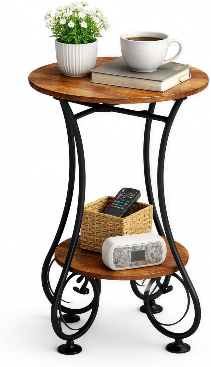 X-cosrack Small Round Side Table with Lower Shelf for Small Spaces, Compact End Table for Sofa, Bedside Nightstand, Coffee & Drink Table for Living Room, Bedroom, Balcony