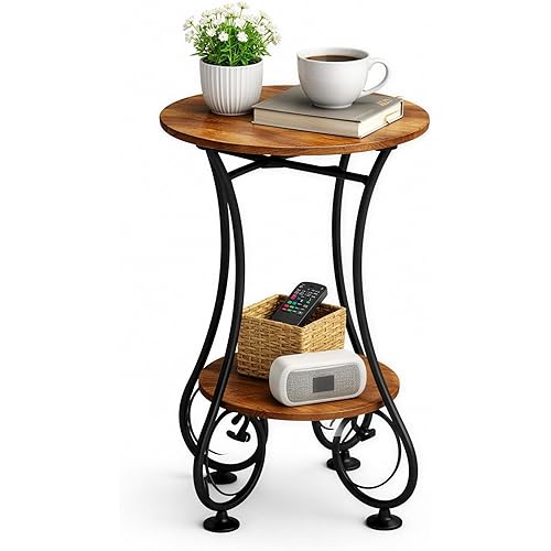 X-cosrack Small Round Side Table with Lower Shelf for Small Spaces, Compact End Table for Sofa, Bedside Nightstand, Coffee & Drink Table for Living Room, Bedroom, Balcony