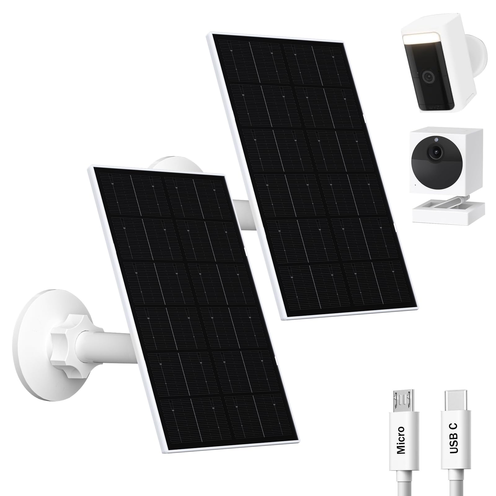 4W Solar Panel for WYZE Camera, USB-C & Micro USB Adapter, 9.8ft Cable, IP66 Waterproof, 360° Mount, Compatible with WYZE Battery Cam Pro, Outdoor Cam V1/V2 (2 Pack)-image-20