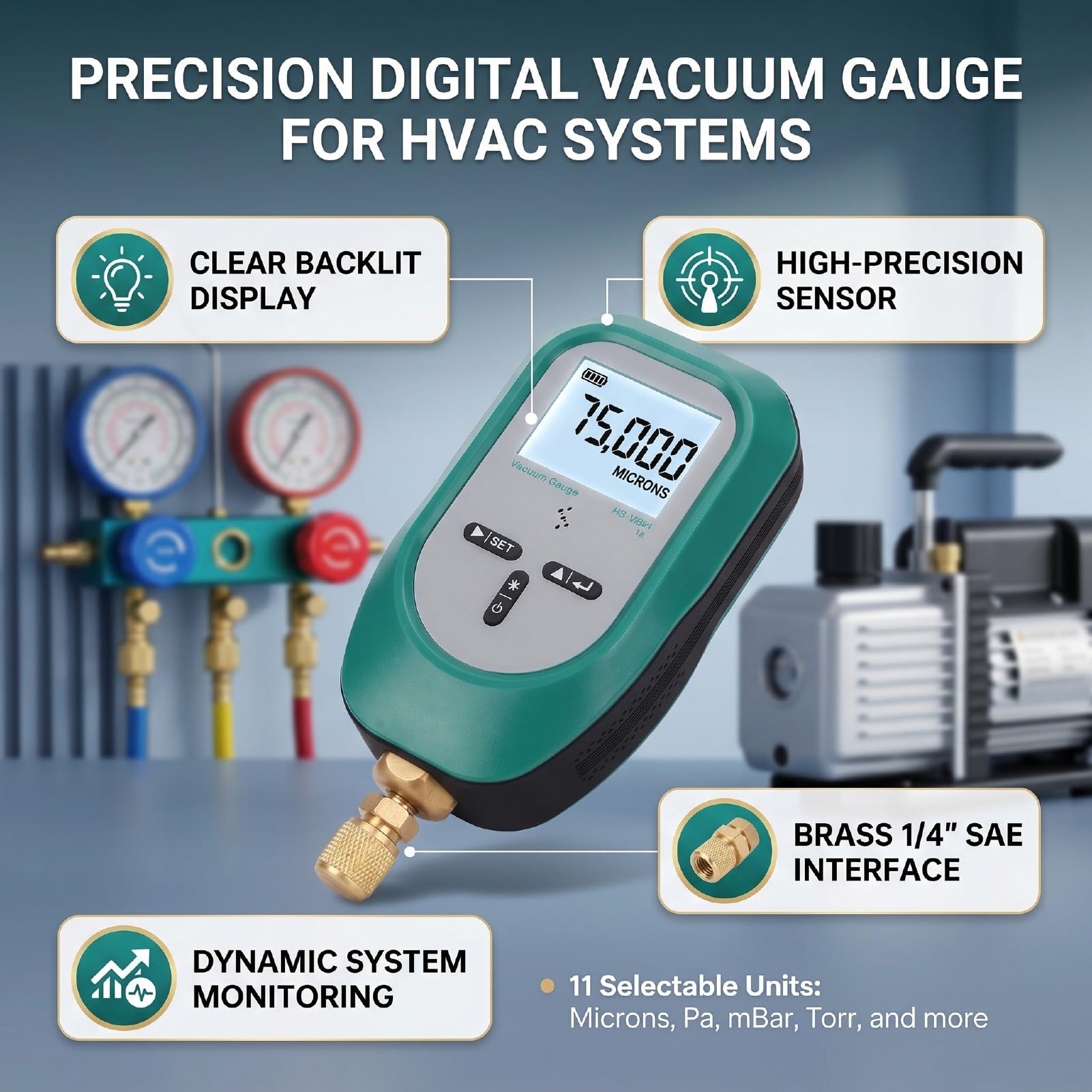Zunate Medidor de Vacío Digital de Rango 0-75000 Micras, Interfaz SAE de 1/4 Pulgadas y 7/16 Pulgadas-20UNF, Probador de Vacío de Micras Digital con Sensor de Alta Precisión y Pantalla