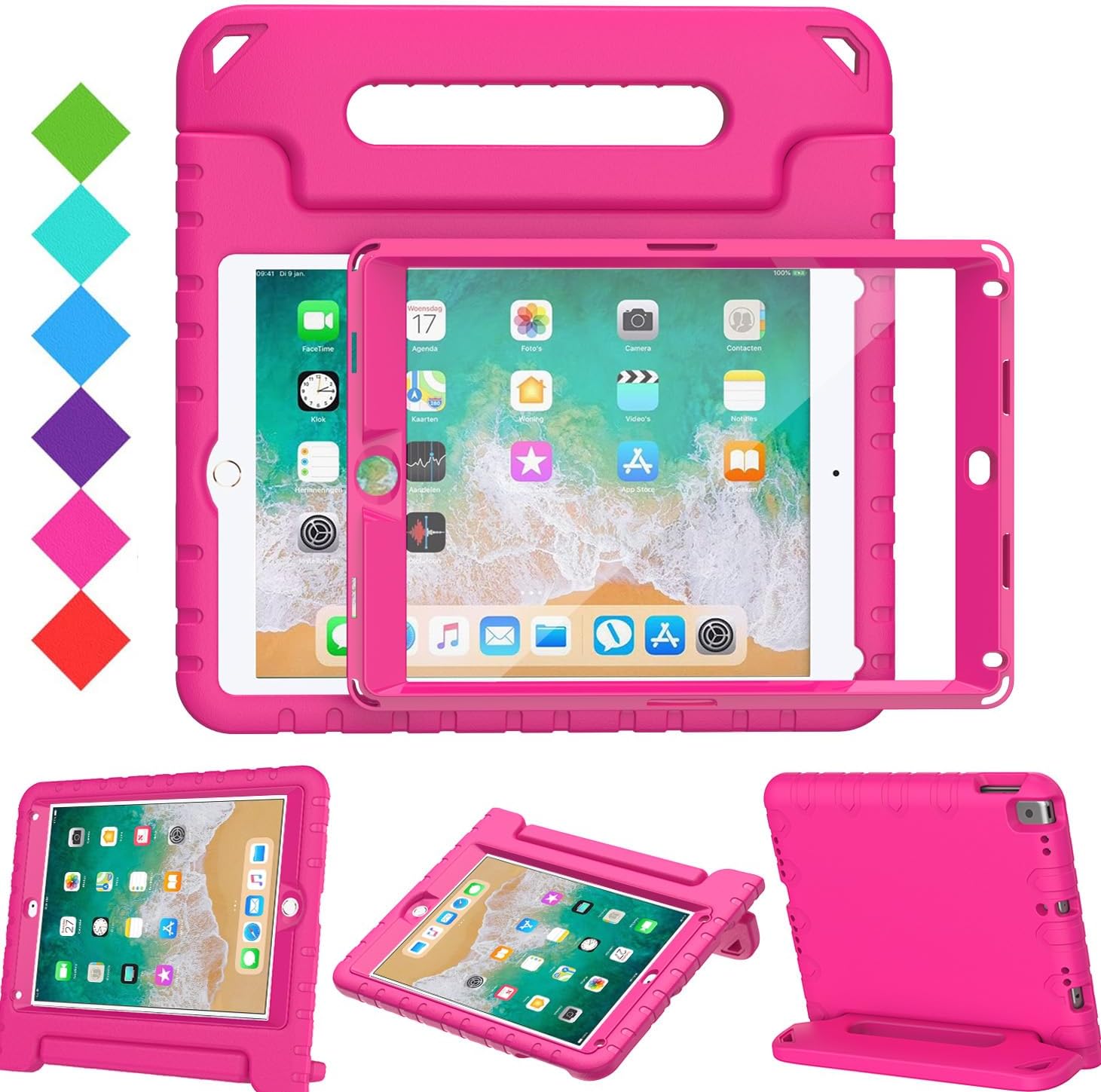 Case with Screen Protector for iPad 9.7 Inch 2018/2017,Shockproof Convertible Handle Stand Kids Case for iPad 5th/6th Generation/Air 2,Rose Pink