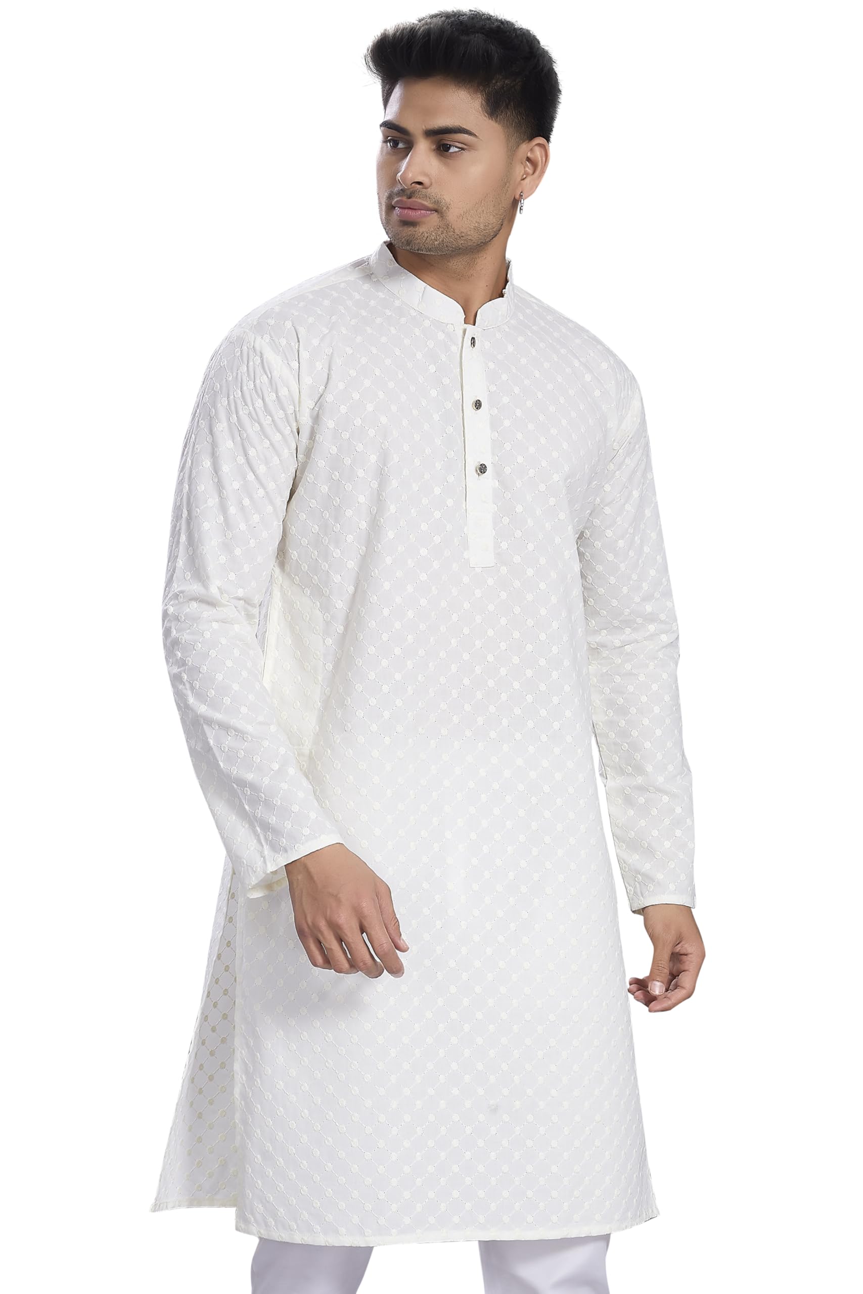 Divisive Men's Thread Embroidered Cotton Only Slim Fit Kurta (Dkrt1071_L_Off White)
