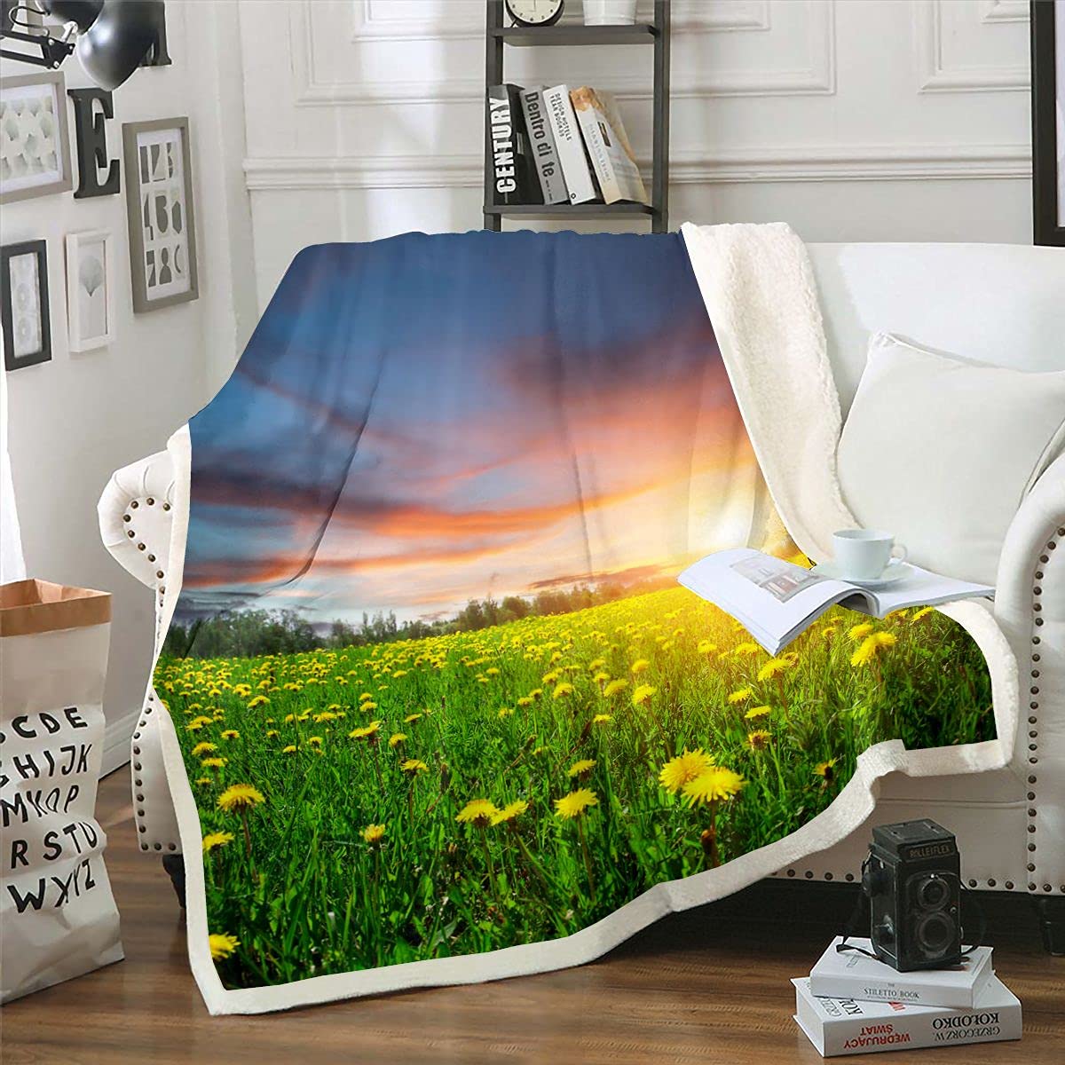 Loussiesd - Coperta in pile con motivo margherite, motivo floreale, per