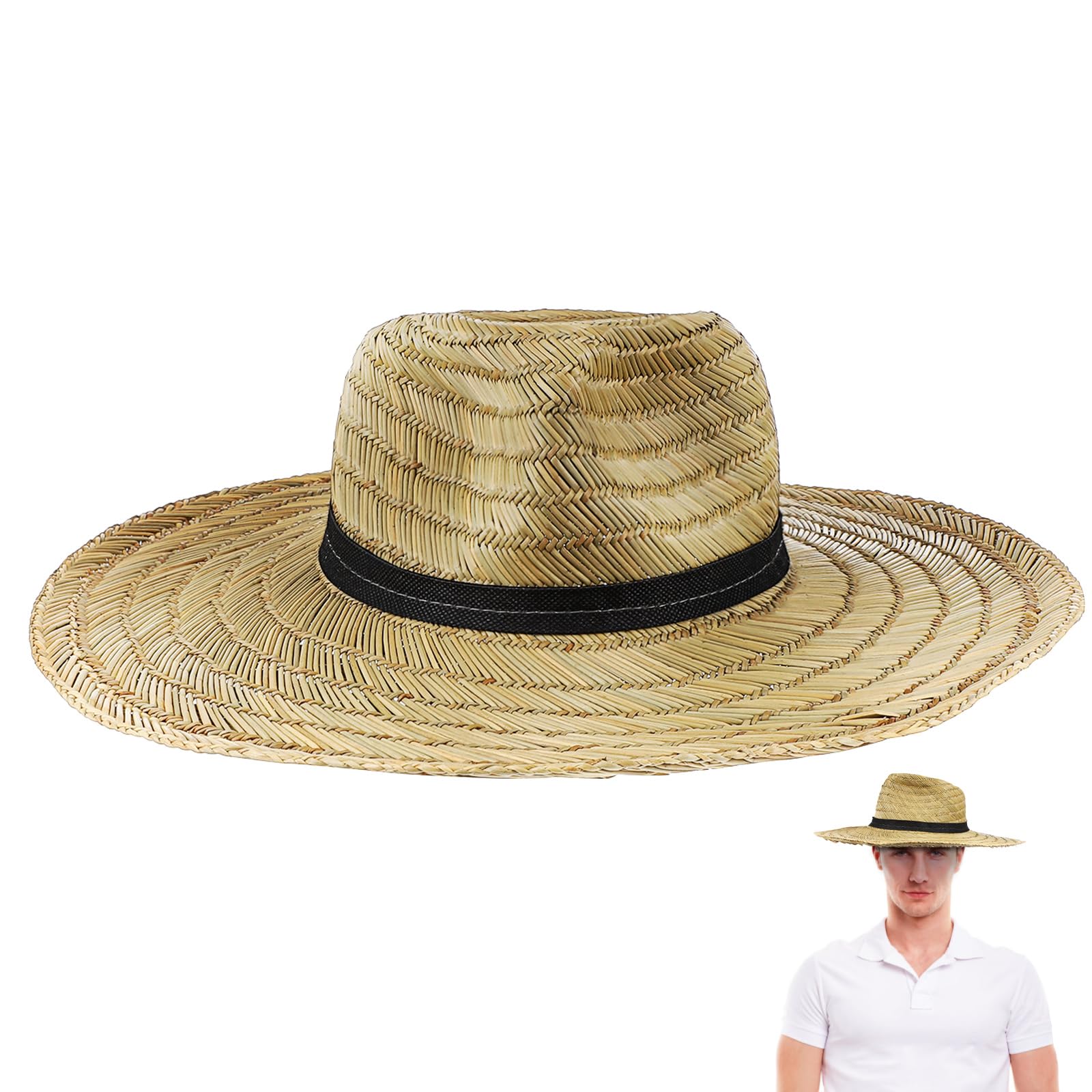 VILLCASE Breiter Strohhut Herren Sommer UV Schutz mit Verstellbarem Kinnriemen Modischer Outdoor Sonnenhut für Gartenarbeit und Freizeitaktivitäten