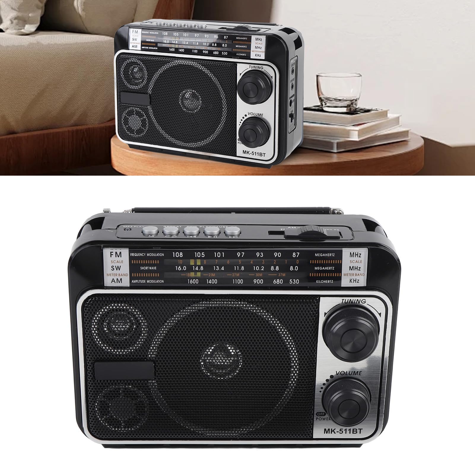 Przenośne Radio FM AM SW z BT, Głośnikiem Vintage Retro, USB/SD, Teleskopową Anteną, do Podróży i Domu, Wtyczka UE