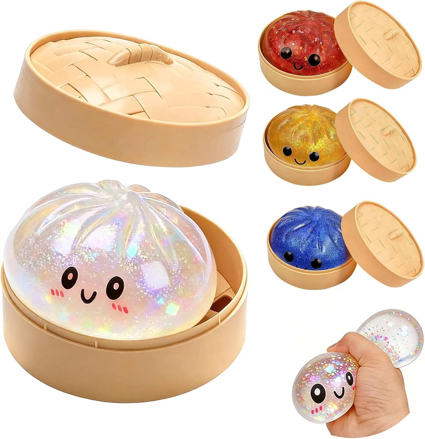 Glitter Dumpling Squishy-Giant Dumpling Squishy Fidget Toy with Steamer Case,Mega Rainbow Slow-Rising Sensory Decompression Toy, Thermoplastic Rubber, Stress Relief for Adults (Transparent)