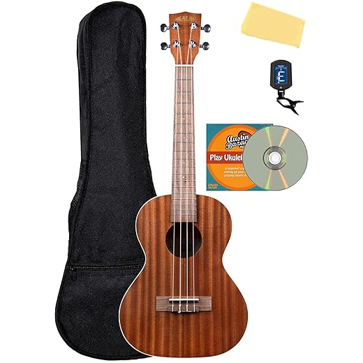 Kala KA-T Mahogany Tenor Ukulele Bundle with Gig Bag, Tuner, Austin Bazaar Instructional DVD, and Polishing Cloth