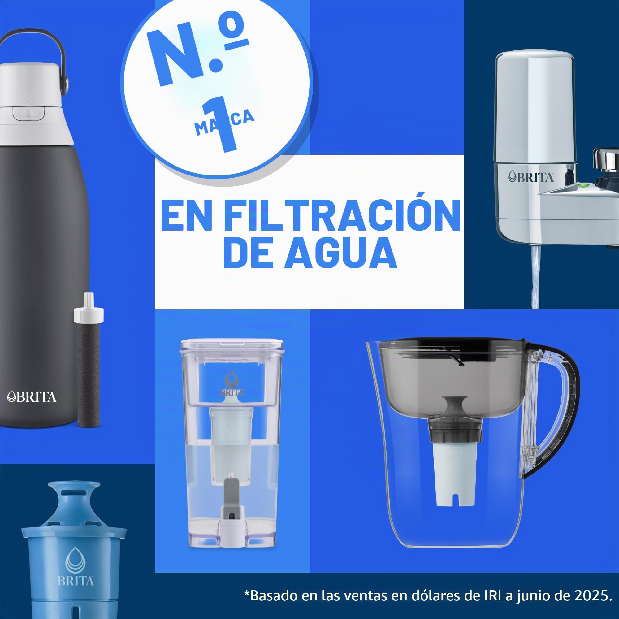 Brita Filtro de agua grande para grifo y agua potable con indicador de cambio de filtro SmartLight + 1 filtro Elite, reduce el 99% del plomo, dura 6 meses, capacidad de 10 tazas, azul