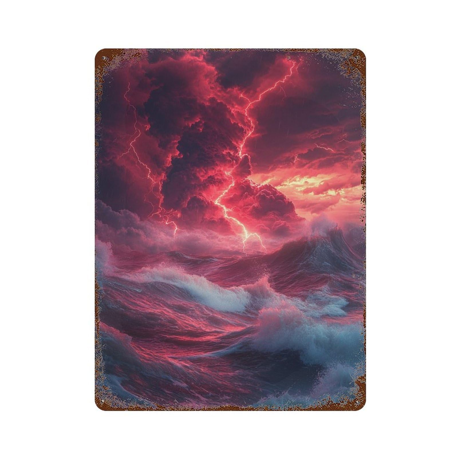 Stormy Sea with Lightning Strikes -1 15.7"x11.8" Aged Metal Wall Plaque, Vintage Wall Decor for Bistro, Counter And Cafe Decor