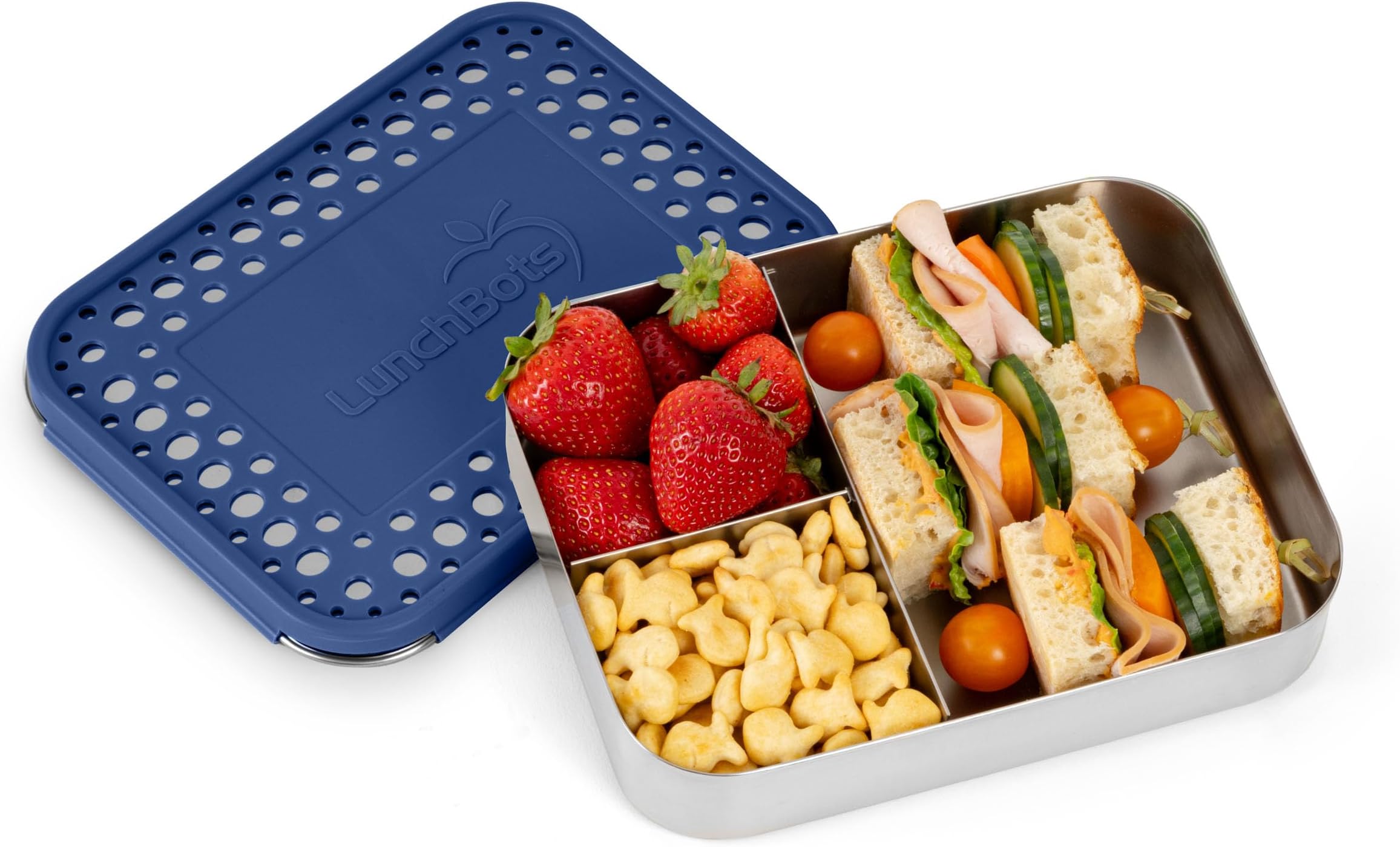 LunchBots Large Trio Stainless Steel Lunch Container -Three Section Design for Sandwich and Two Sides - Metal Bento Lunch Box - Eco-Friendly - Stainless Lid - Blue Dots