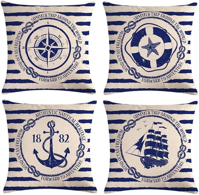 Freeas Set of Ocean Navigation Pillow Cases, Throw Cushion Cover Cotton Linen Pillowcase Home Decoration,45x45cm