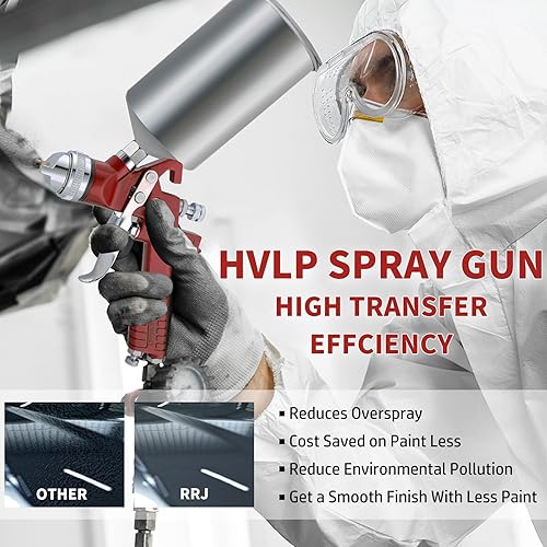 Miniatura 4 de RRJ HVLP Pistola de pintura en aerosol de alimentación por gravedad, pulverizador de pintura de 1.41.70.098 in con regulador de aire, 1000 cc,