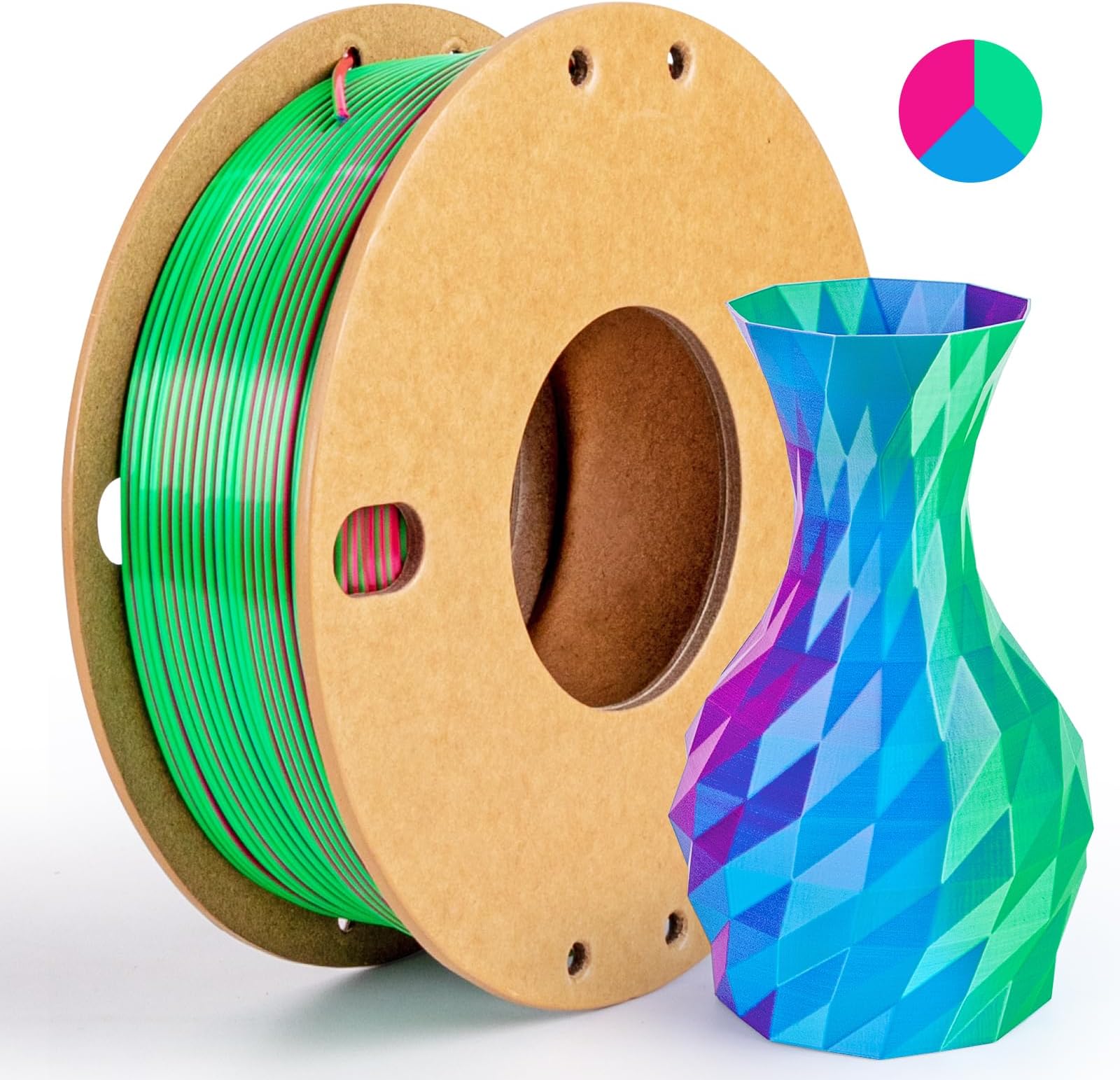 Silk Triple Color PLA+ 3D Printer Filament 1.75mm, No Tangle Shiny Filament Net Weight 250g Spool (0.55lbs), 3-in-1 Silk PLA Pro Plus, Rose Red+Sky Blue+Green