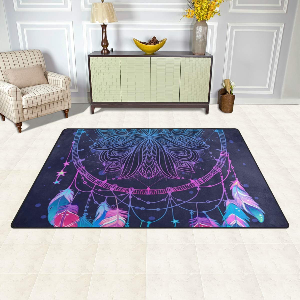 Dream Catcher Feather Area Rug Non-Slip Backing Floor Carpet Modern Geometric Rugs Home Decorator Indoor Outdoor Floor Runner Accent Mat for Living Room Bedroom Kids Room 60x39 in