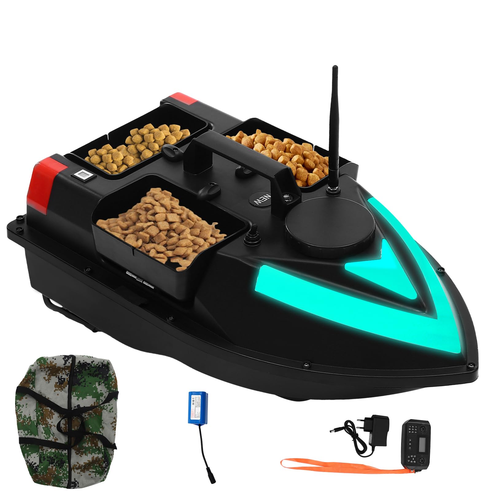 Bote de pesca con 3 depósitos de cebo, batería de 5200 mAh y mando a distancia de 500 m, LED, retorno automático, color negro