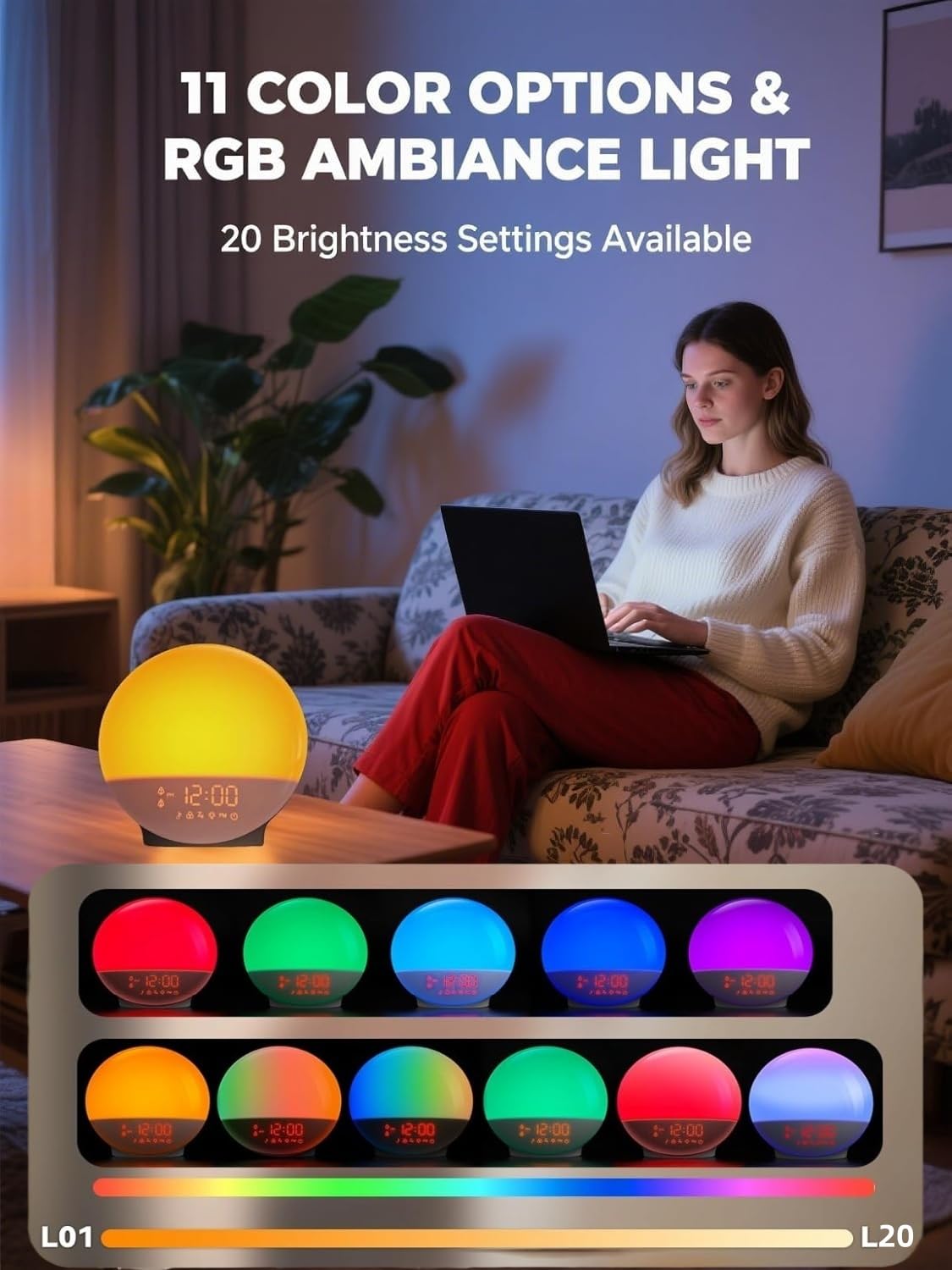 Tuerthy Reveil Lumineux, Réveil Intelligent pour Enfants Adultes, Reveil Matin Simulateur d'Aube et Crépuscule, Snooze,7 Sons Naturels, FM Radio Réveil, Veilleuse LED 7 Couleurs, Lampe de Chevet