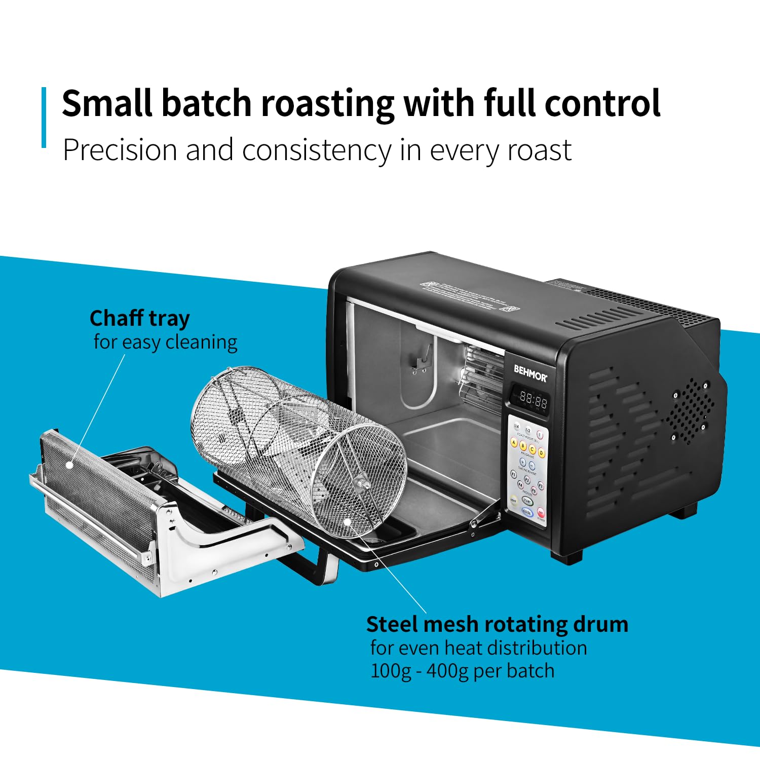 Kaffeeröster Behmor 2020SR Plus, 100–454 g Kapazität, patentierte Rauchunterdrückung, 5 Röstprogramme, manueller Modus, Quarz-Heizelemente, elektrischer Heimröster für Innenräume