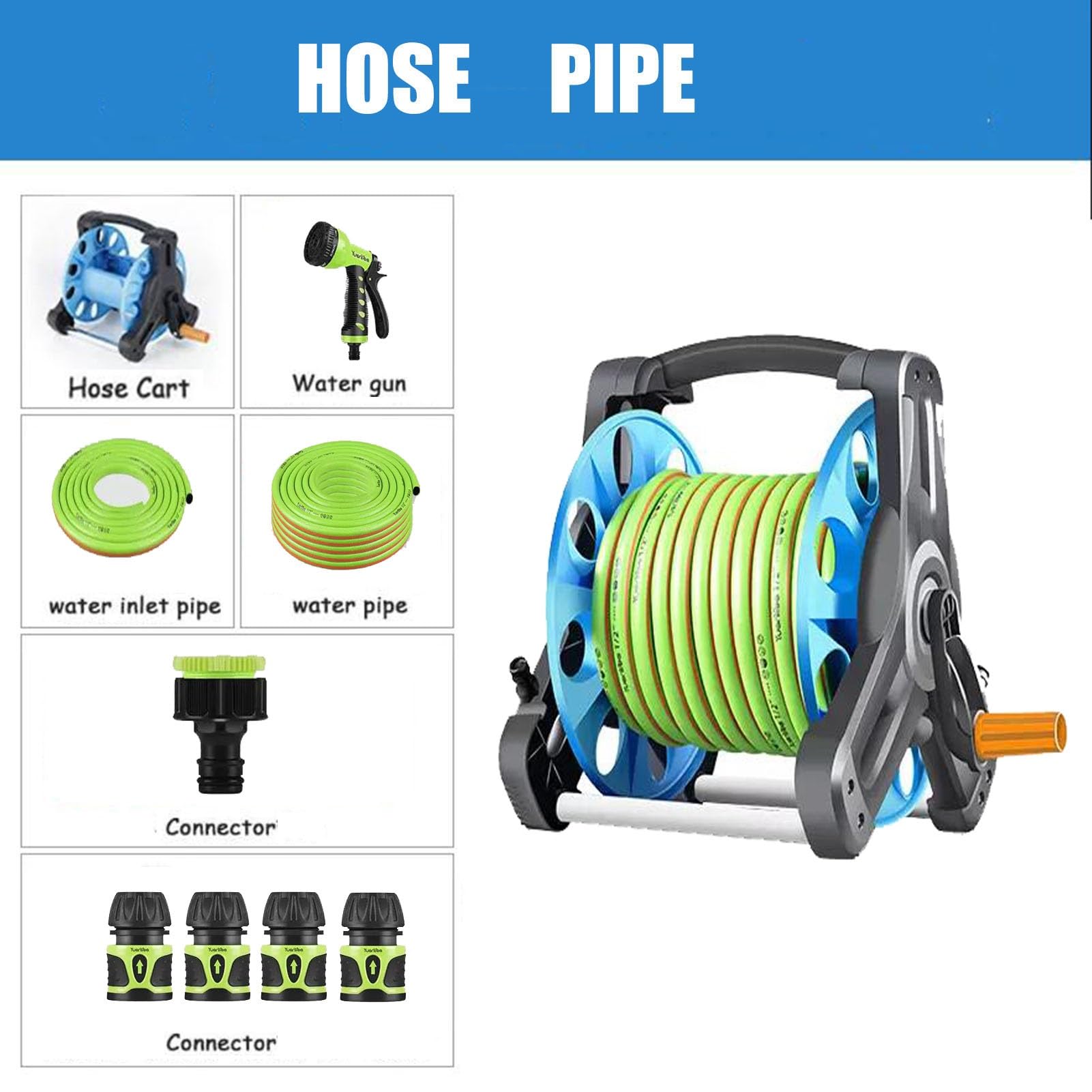 Kit avvolgitubo da giardino, portatubo portatile in ABS, carrello mobile avvolgitubo per prato per patio, cortile, garage (Green 20m)