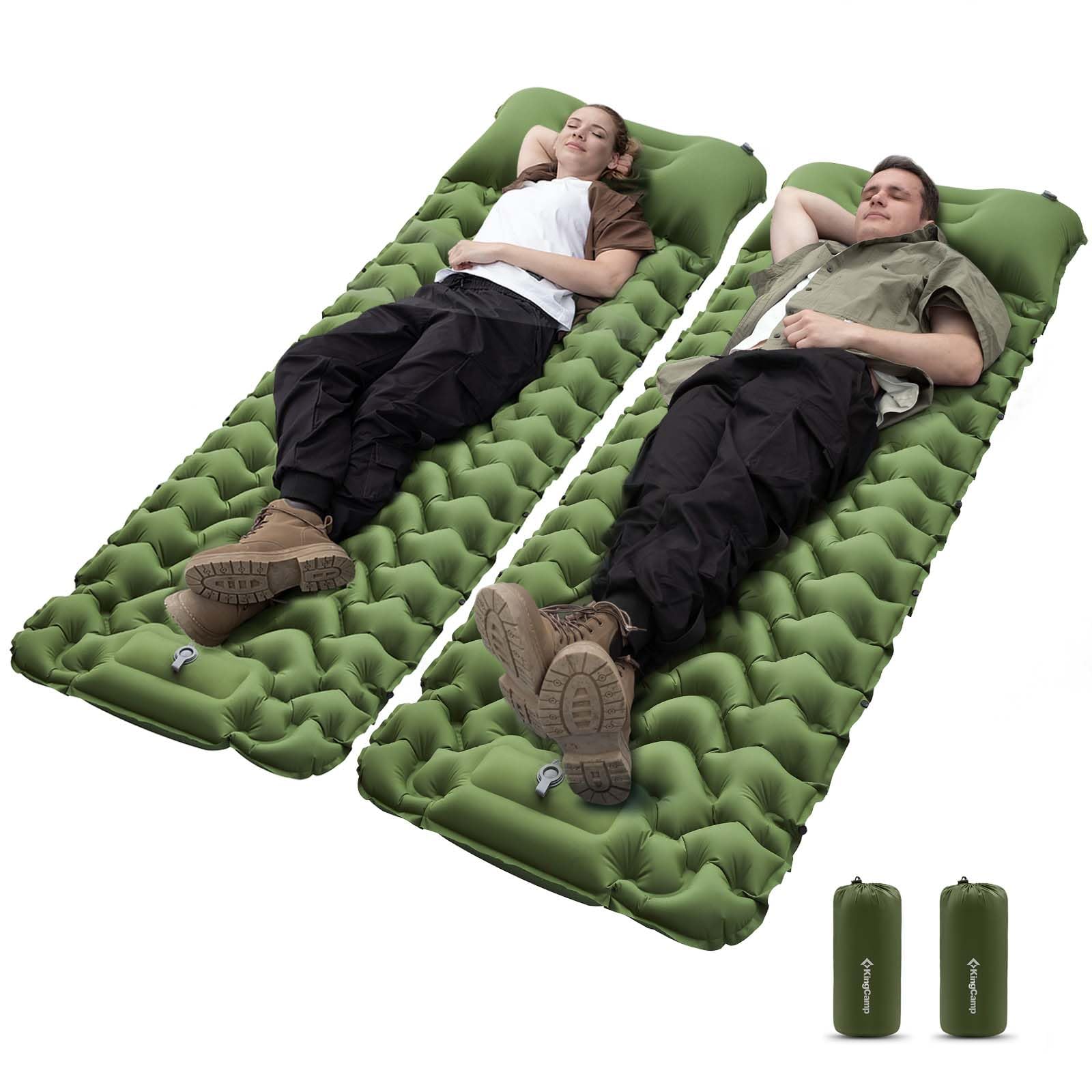 KingCamp Sleeping Pads for Camping, Self Inflating Camping Mattress with Built-in Foot Pump, Connectable Durable Inflatable Sleeping Mat with Pillow, Compact Camping Air Mattress for Camping Hiking
