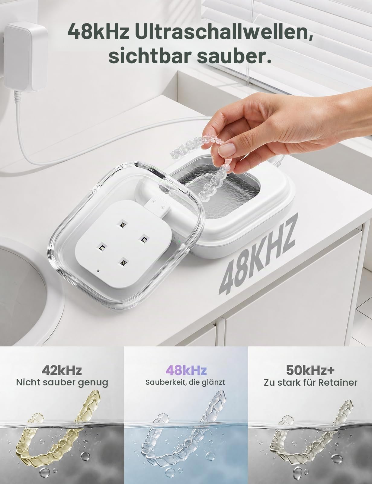 Vaydeer Ultraschall-Reinigungsgerät, 48 kHz, Weiß | 3 Reinigungsmodi, UV-Funktion, für Retainer, Zahnschienen, Prothesen und Schmuck