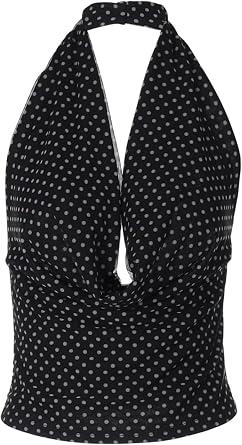 OCUH Polka Dot Top Deep V Neck Halter Crop Top Backless Tank Tops Vintage Trendy Going Out Tops