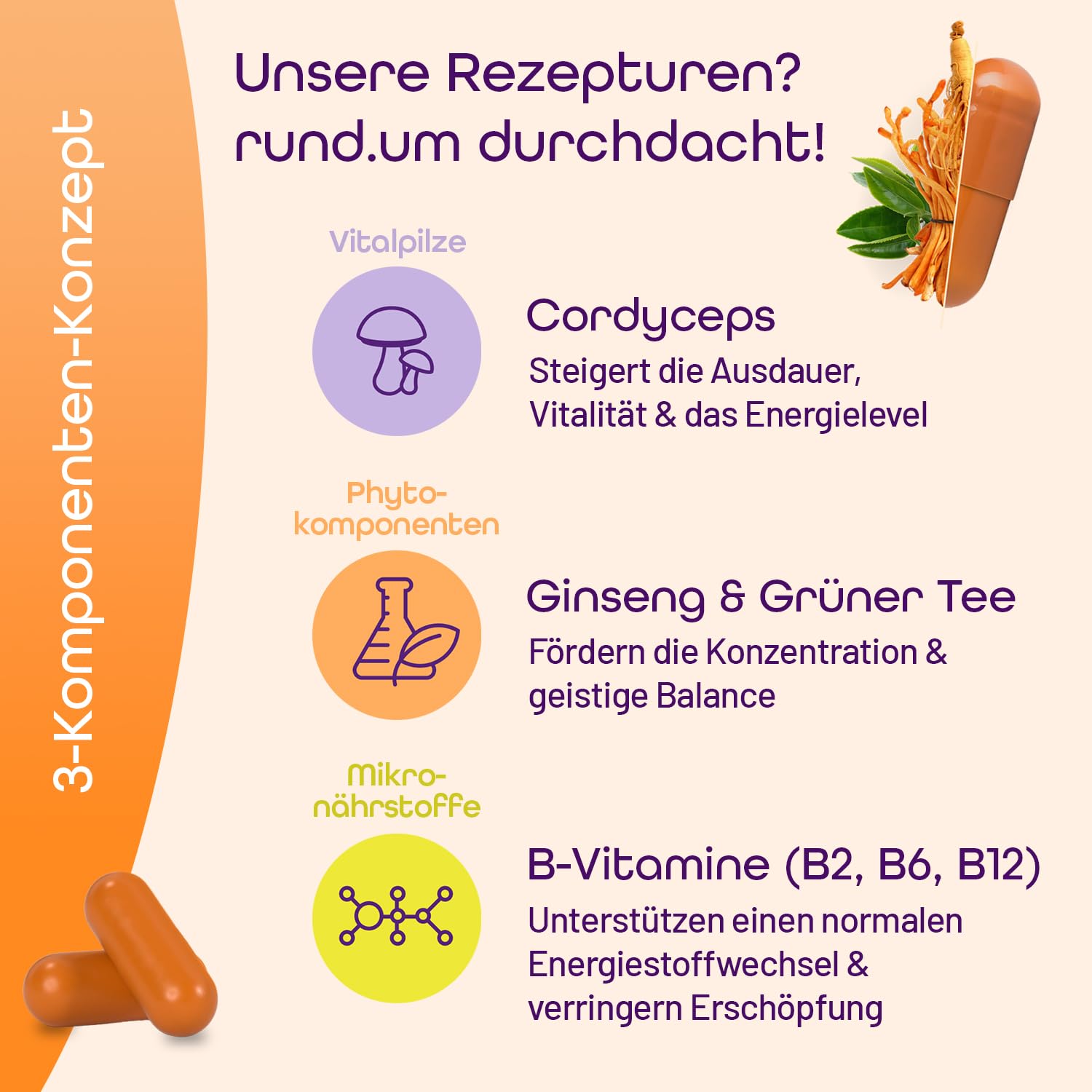 rund.um energy base Kapseln (2 x 60 Stück) - Nahrungsergänzungsmittel für mehr Energie und innere Balance - vegan, laktose- und glutenfrei