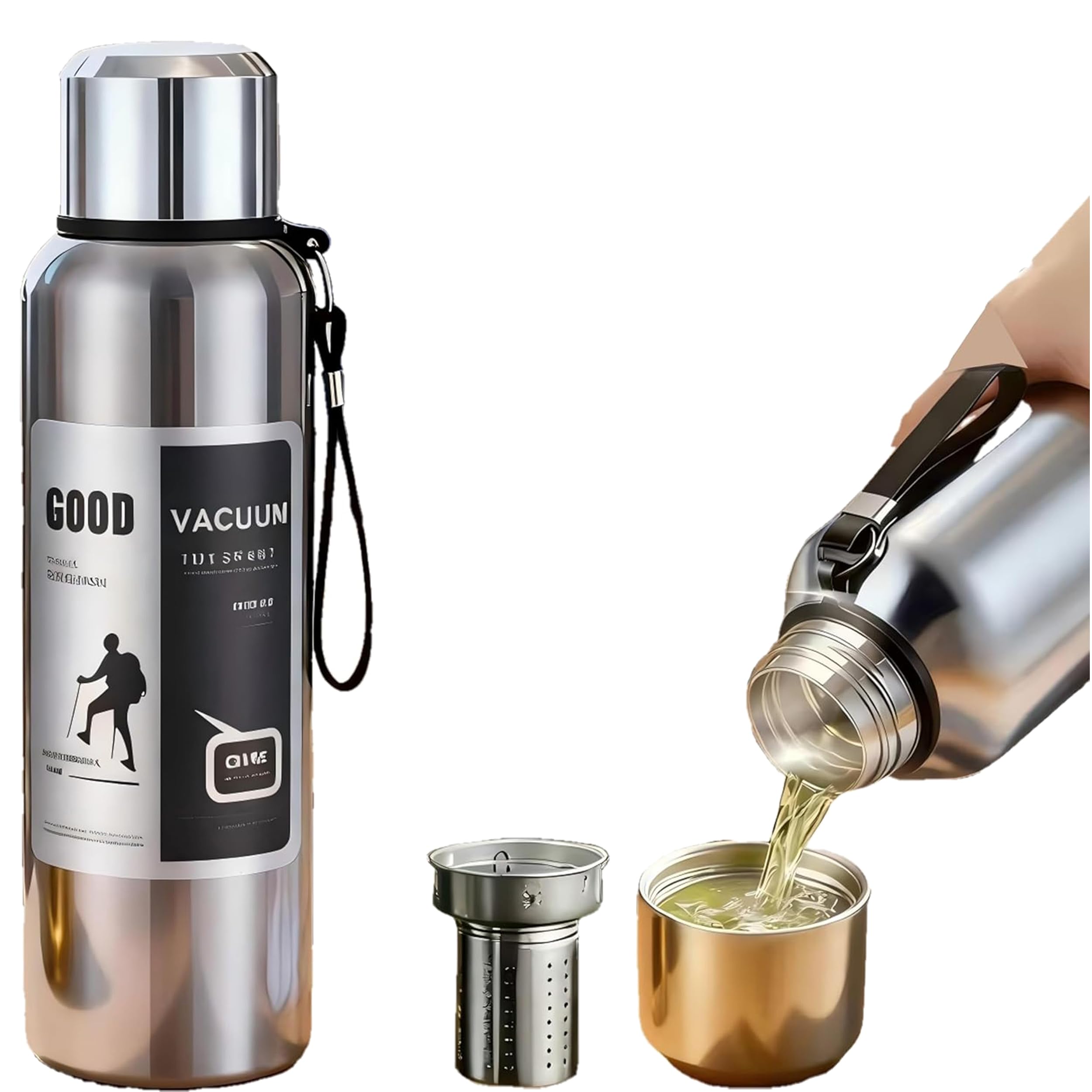 Large Water Bottle,Flask for Hot Drink,1.5 Litre Metal Water Bottle Insulated to Keep Drinks Hot Or Cold for 8 Hours, Leak-Proof, Ideal for Office, Gym & School
