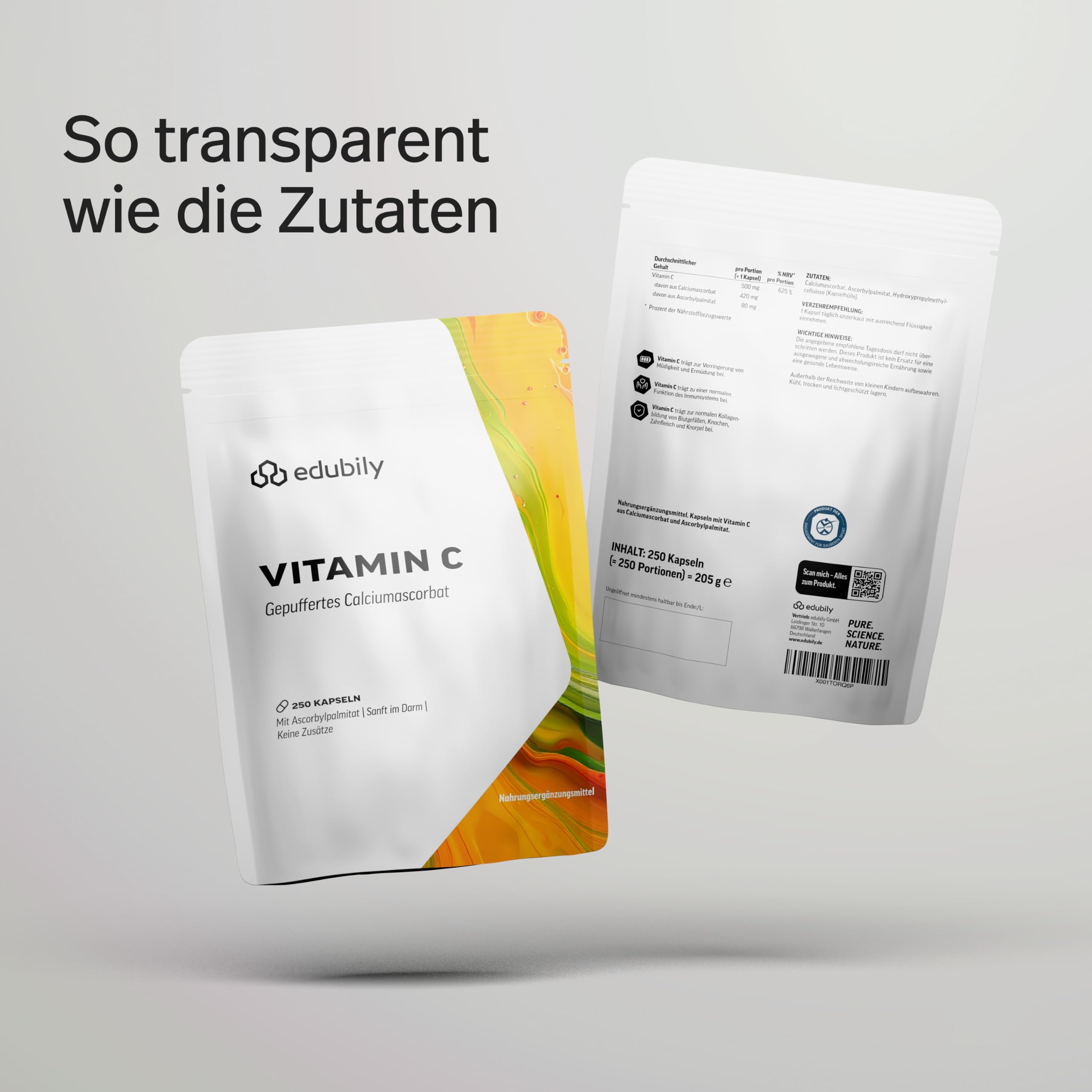 edubily® Vitamin C Kapseln 500 mg - Vitamin C Komplex aus gepuffertem Vit. C als Calciumascorbat und fettlöslichem Vit. C als Ascorbylpalminat (250 Kapseln)