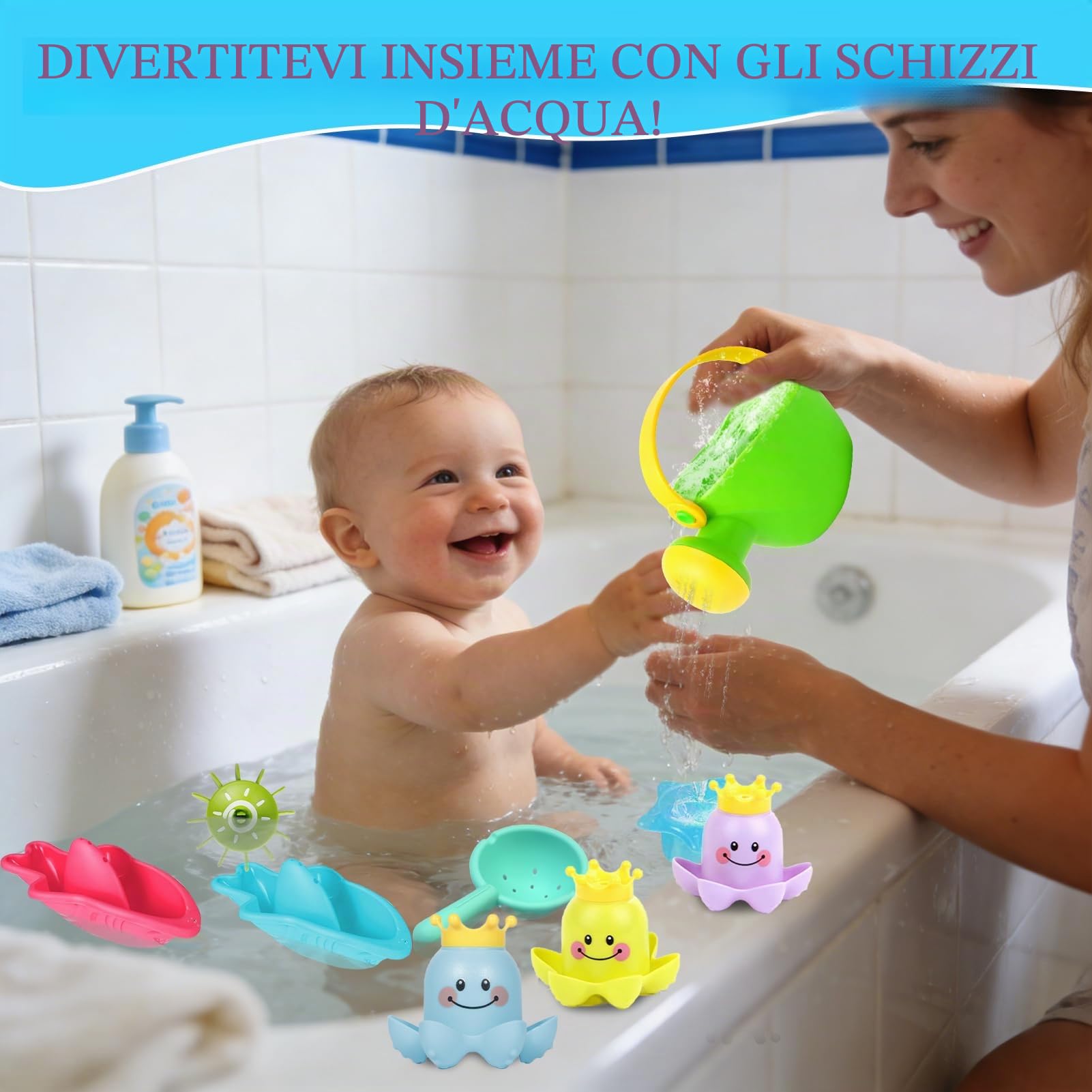 Giochi Bagnetto Neonato 14 Pezzi, Set Giochi Vasca da Bagno Bambini con Annaffiatoio, Ruota d’Acqua, Bicchieri Impilabili e Barchette, Giochi Bagnetto Neonato Atimuffa per Bagno e Piscina