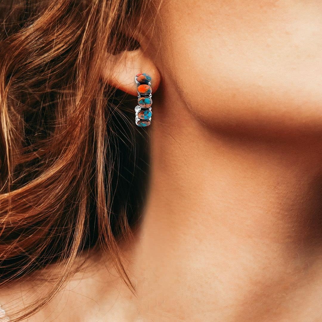 Turquoise Half Hoop Earrings - Western Huggie Earrrings in 925 Sterling Silver for Women - Handmade Orange & Blue Green Southwestern Huggies HoopsJewelry Birthday Christmas Gifts for Women