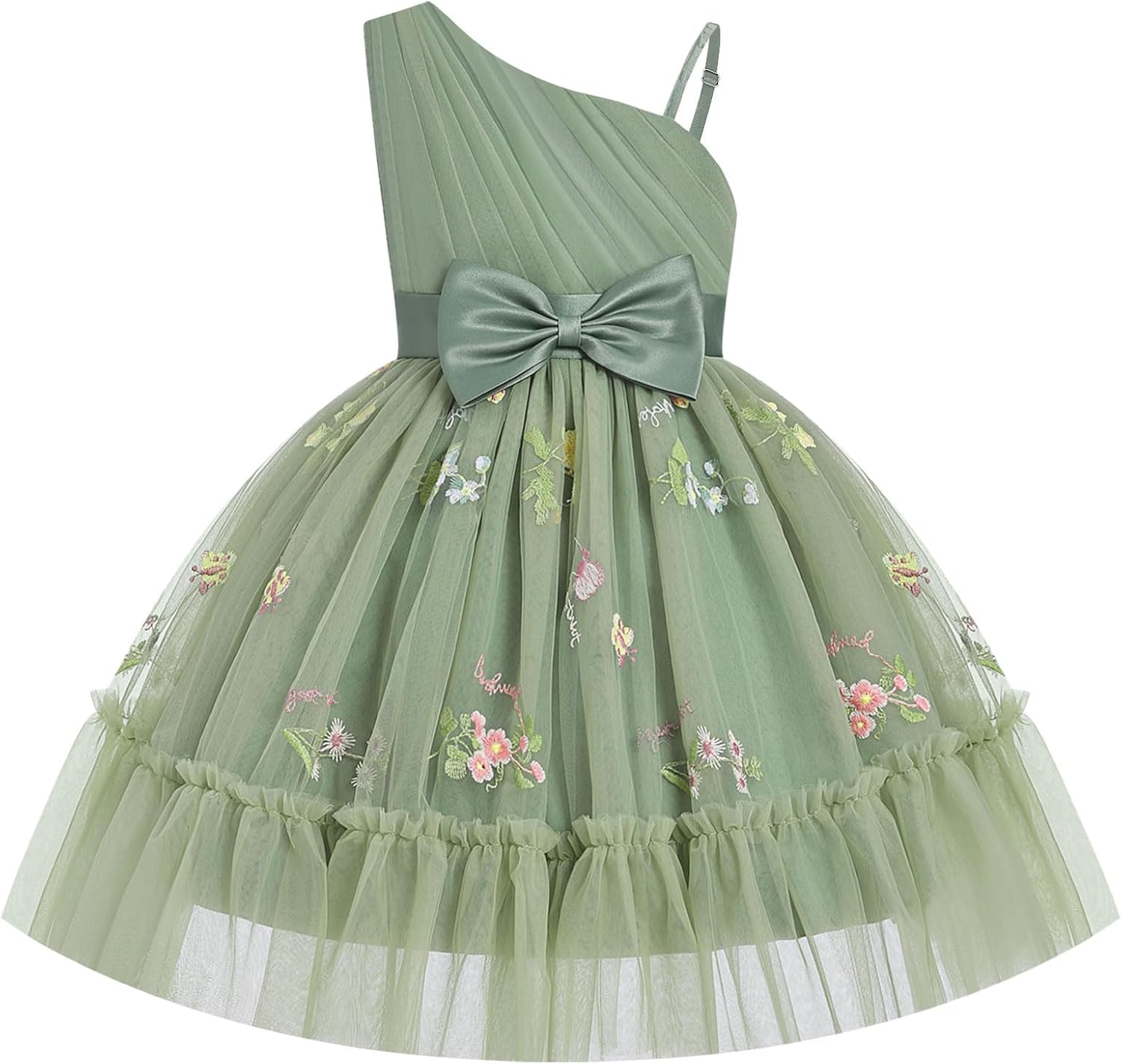 OBEEII Girls Pageant One Shoulder Ruffle Dress Formal Fancy Party Birthday Tulle Dress Bridesmaid Wedding Flower Girl Dresses