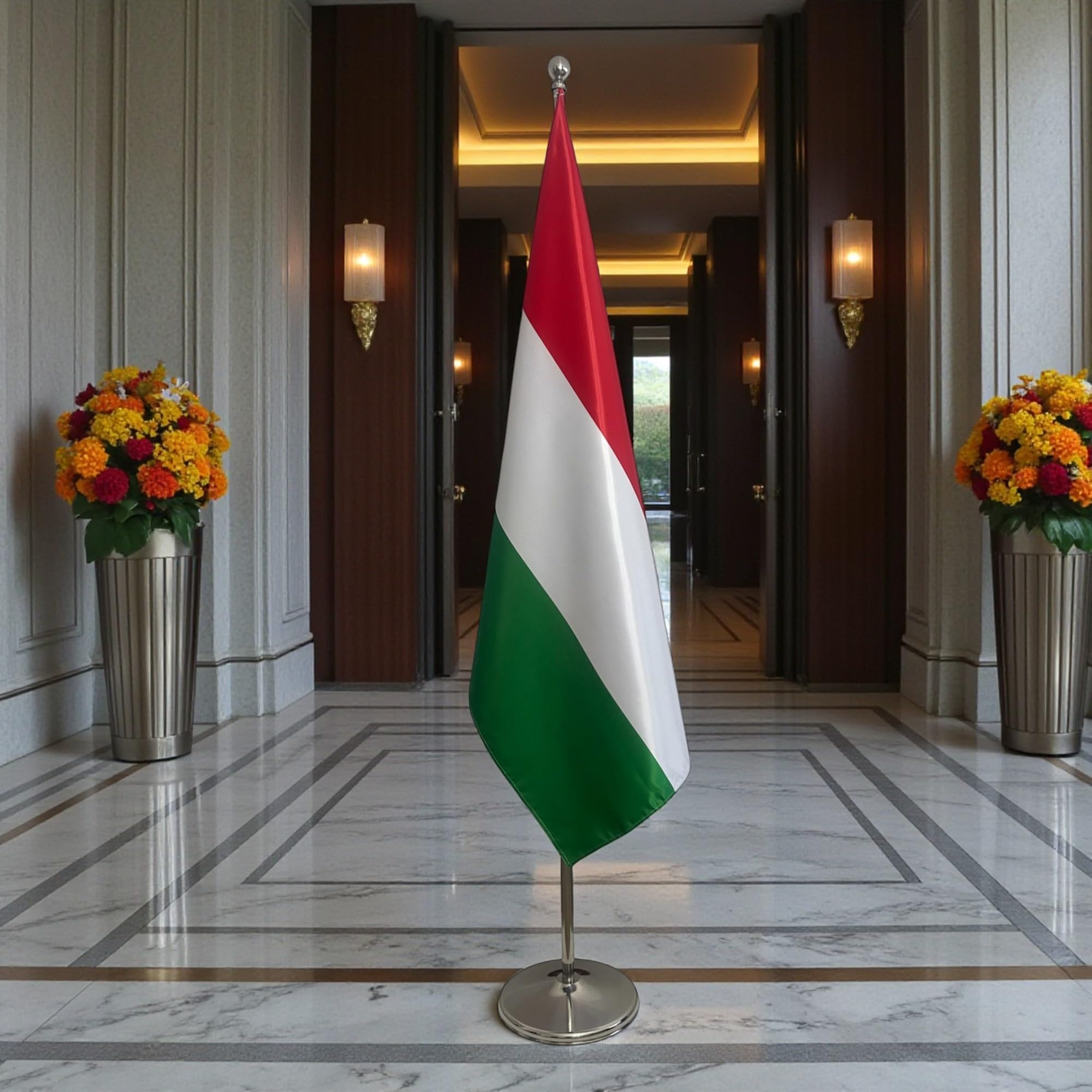 Ungarische Flagge mit Fuß und Mast – für Diplomatische Veranstaltungen, Protokollzeremonien, Botschaften, Ministerien, Universitäten. Fuß Ø 360 mm, Edelstahl, silberfarben, Fahnenstange mit runder