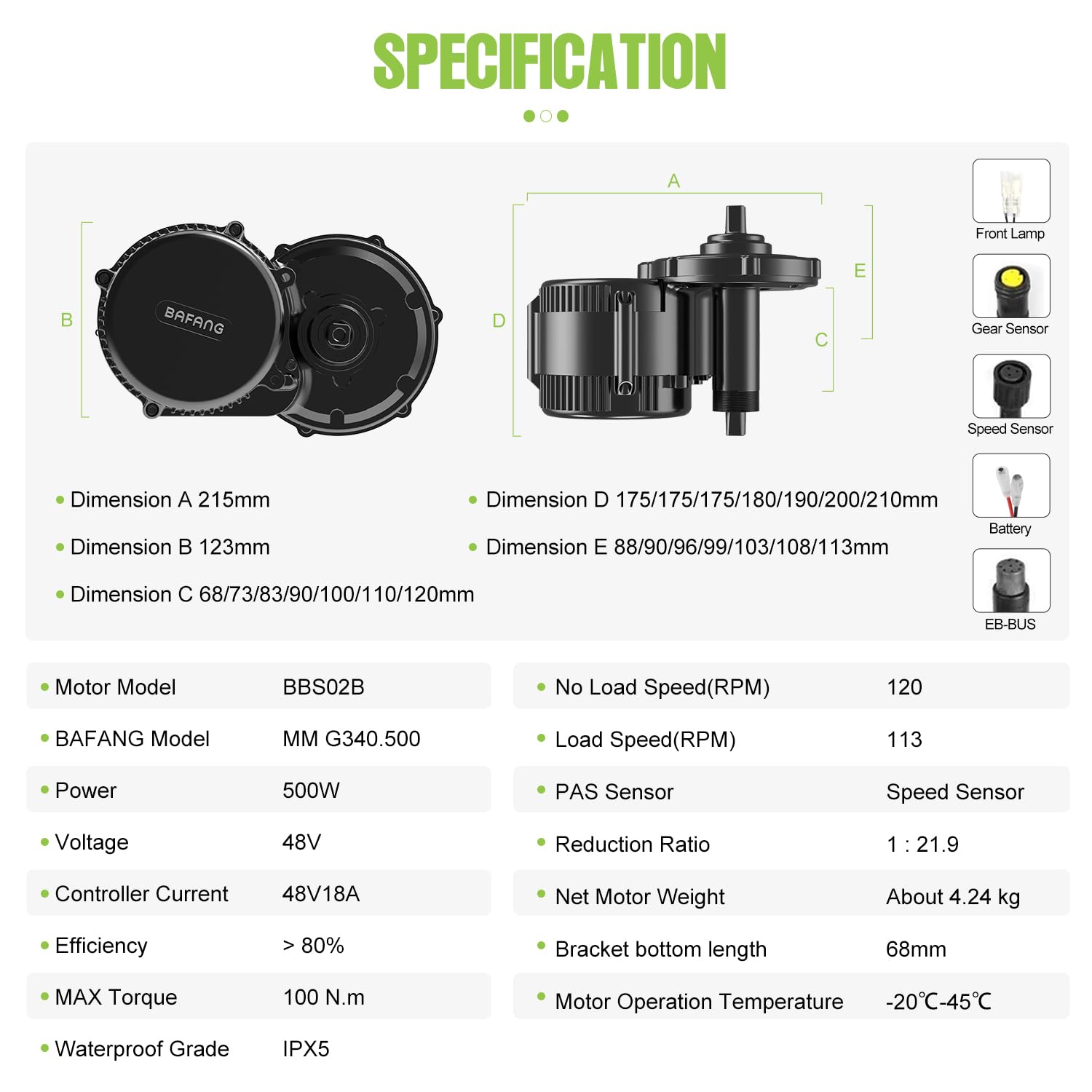 Detailed specifications diagram for BAFANG BBS02B motor